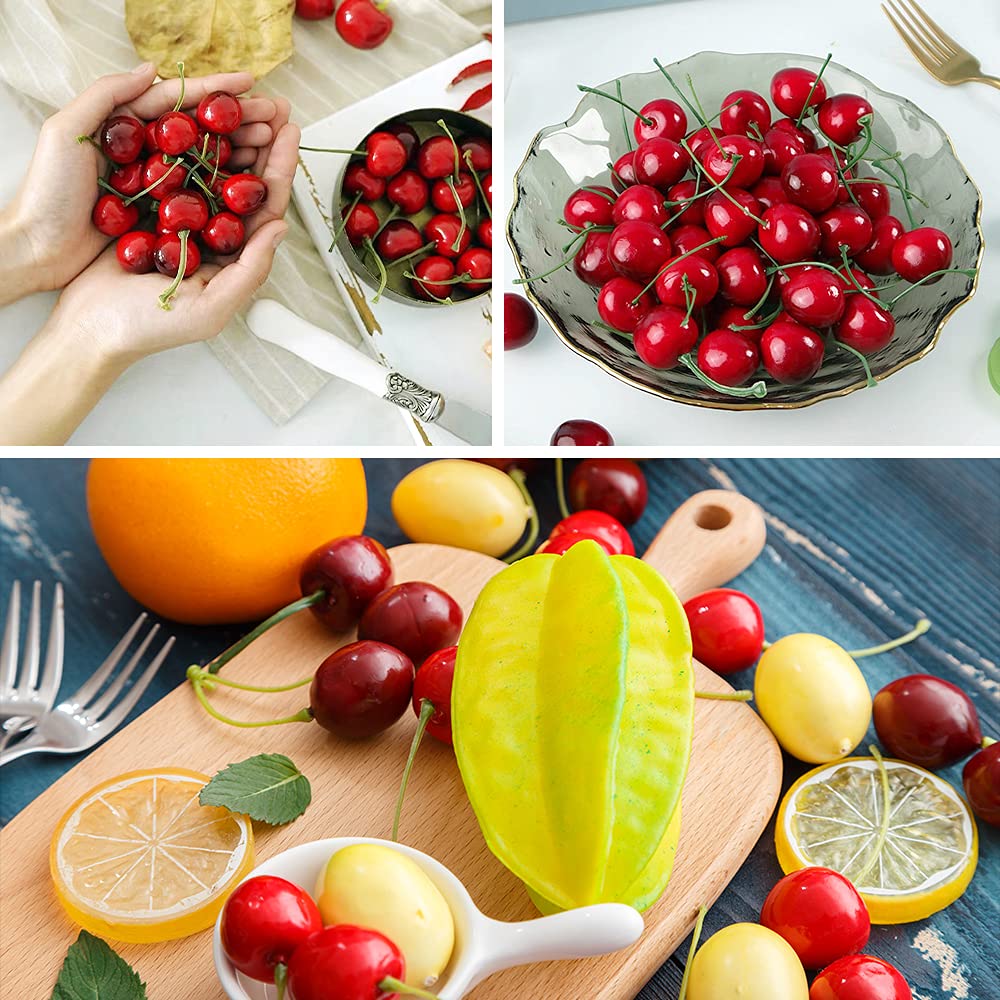 100PCS Artificial Cherry Fruit Decor - Realistic Fake Red & Black Cherries for Home, Kitchen, Party, Wedding Centerpieces - Lifelike Simulation Fruit for DIY Crafts, Table Settings, and Decorative Displays