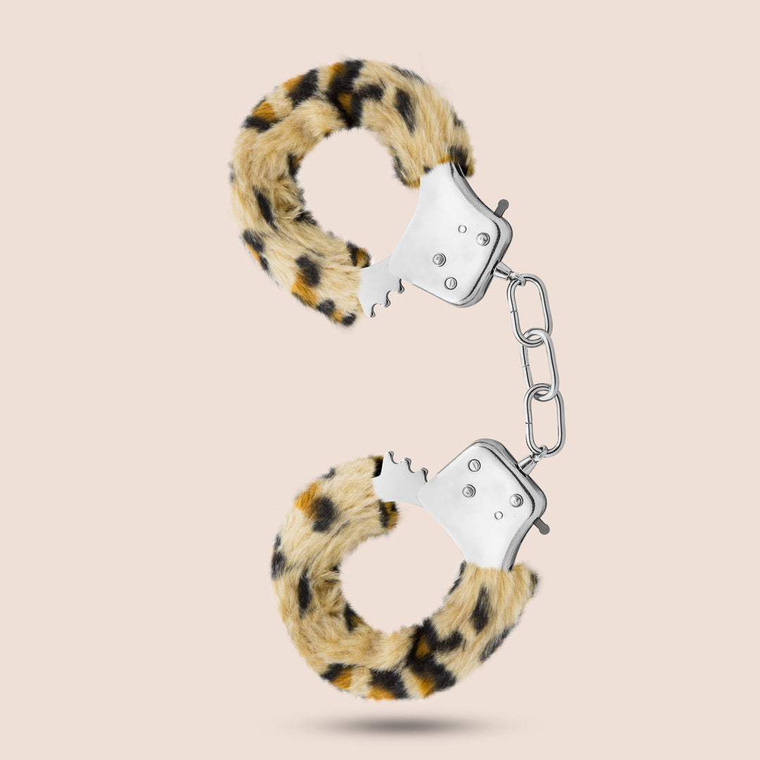 Temptasia Fluffy Leopard Print Handcuffs - Soft Faux Fur Cuffs for Couples, Role Play, Bachelorette Parties & Spicy Bedroom Fun
