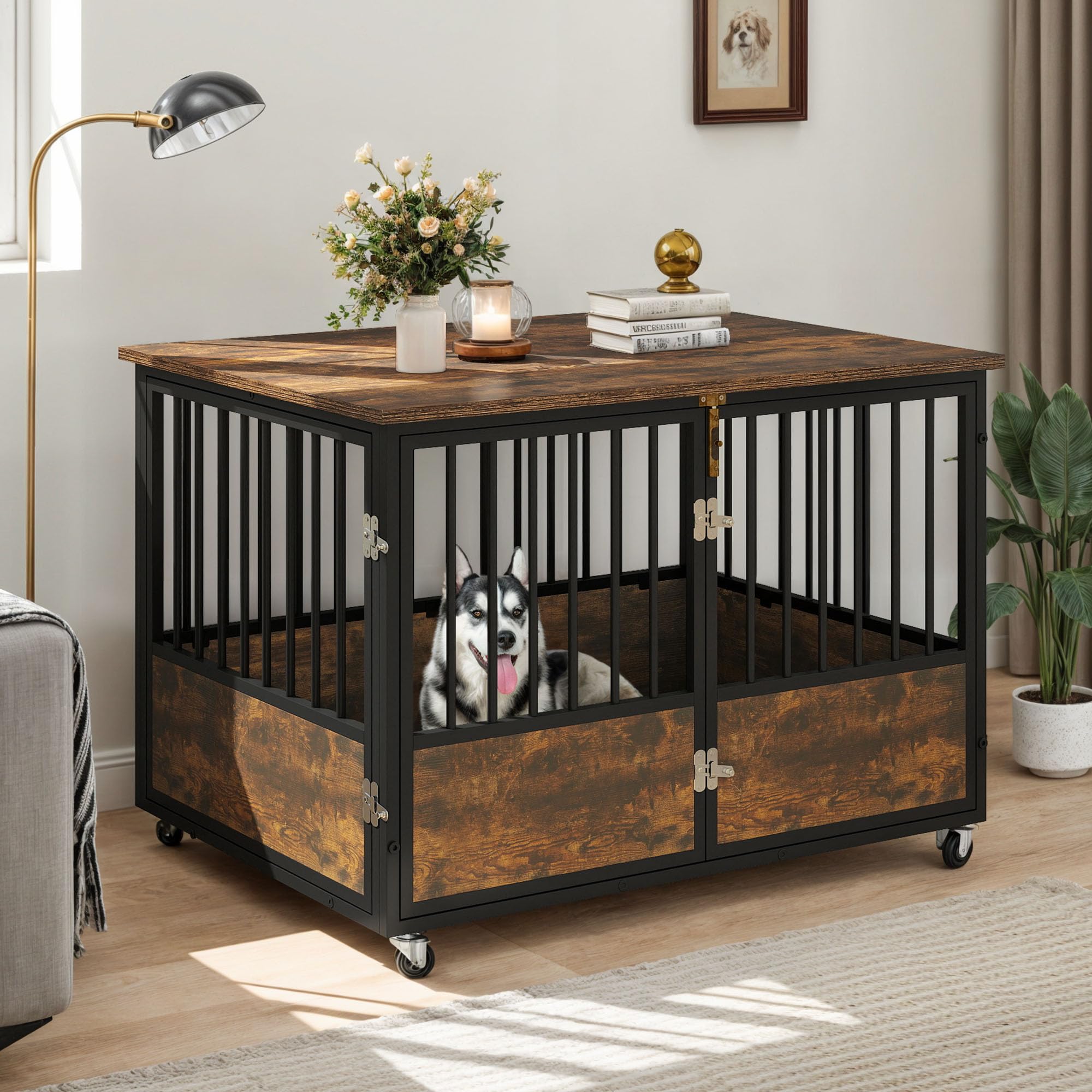 DWVO 43 Inch Rustic Brown Farmhouse Dog Crate Furniture with Wheels - Chew-Resistant Wooden Dog Kennel Indoor End Table with Double Doors | Perfect for Living Room, Bedroom & Home Decor