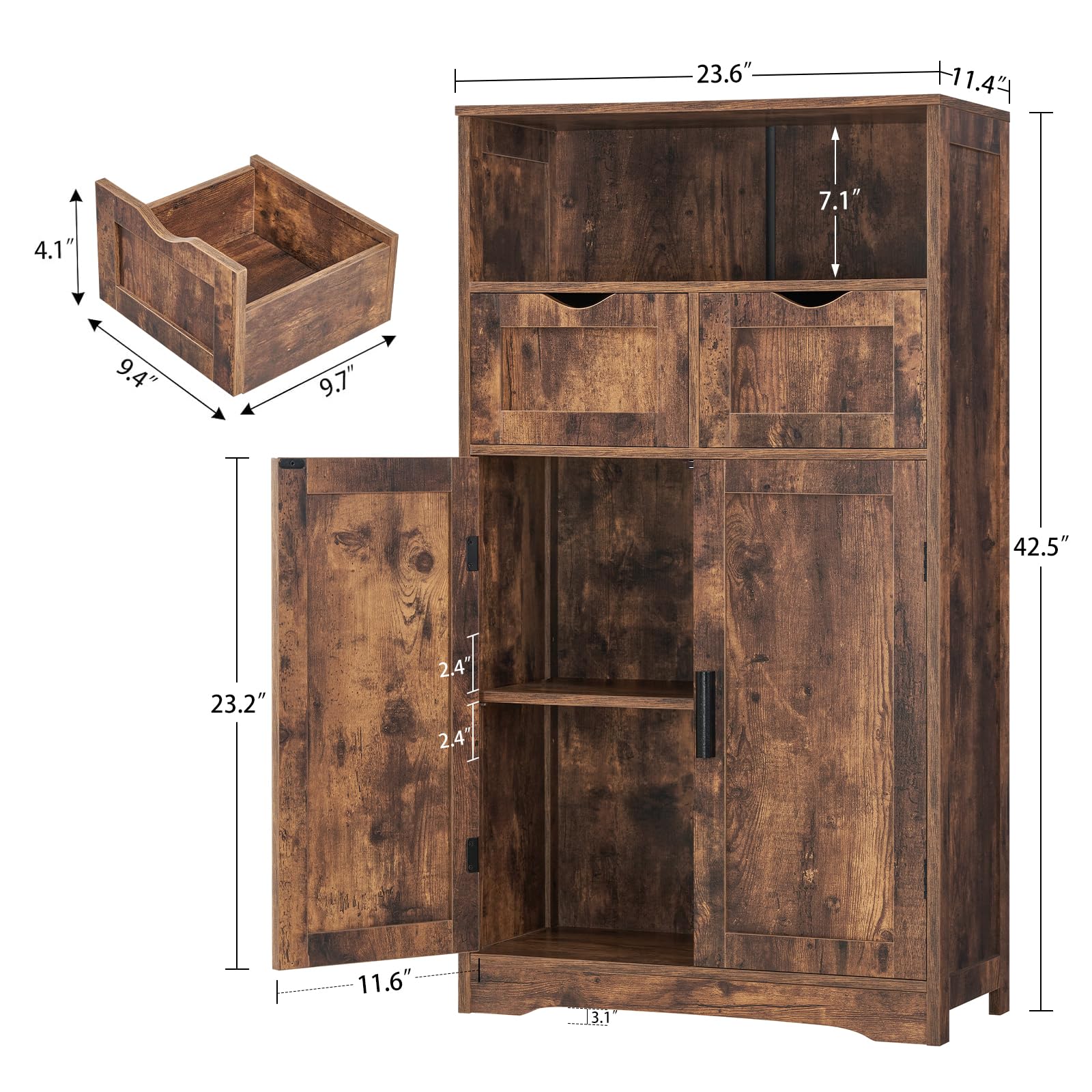 Iwell 2-Drawer Storage Cabinet with Adjustable Shelves, Rustic Brown Cupboard for Living Room, Home Office - Organize Clothes, Books & Home Essentials