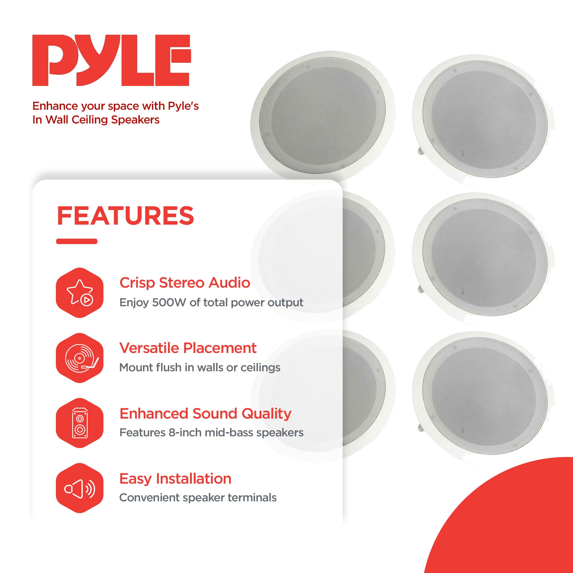 Pyle 8 Inch 2-Way In-Wall & Ceiling Home Theater Speakers System - 6 Pack High Performance Stereo Audio Speakers for Living Room, Bedroom, and Home Theater Setup