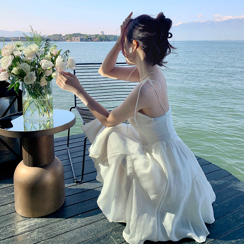 2023 New Summer Beige Bow Spaghetti Strap Dress for Women - Casual Beachwear, Party Outfit & Date Night Dress