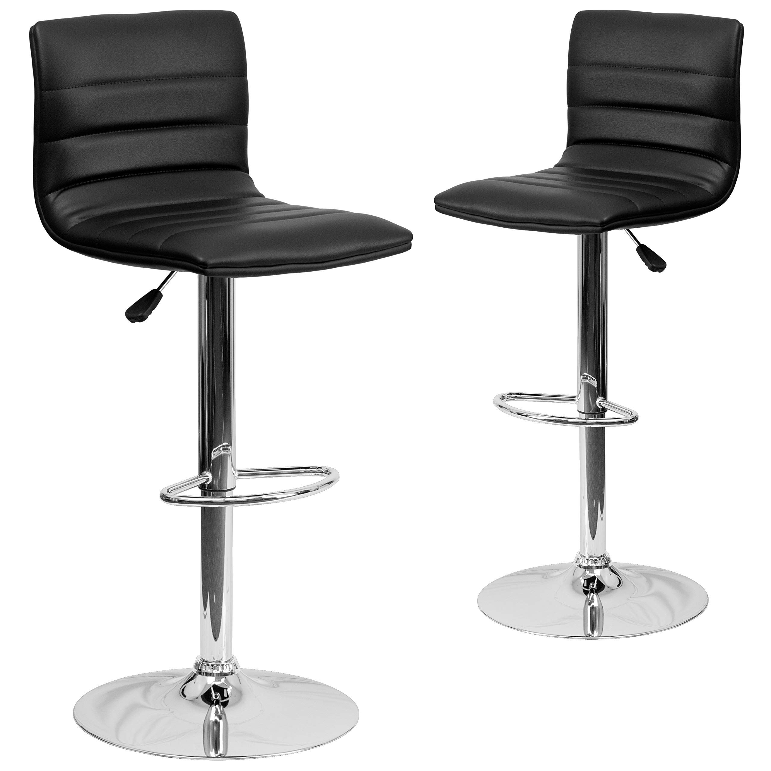 2 Pack Black Vinyl Adjustable Height Bar Stools with Horizontal Stitch Back - Modern Kitchen Counter Stools for Dining, Bar & Home Decor