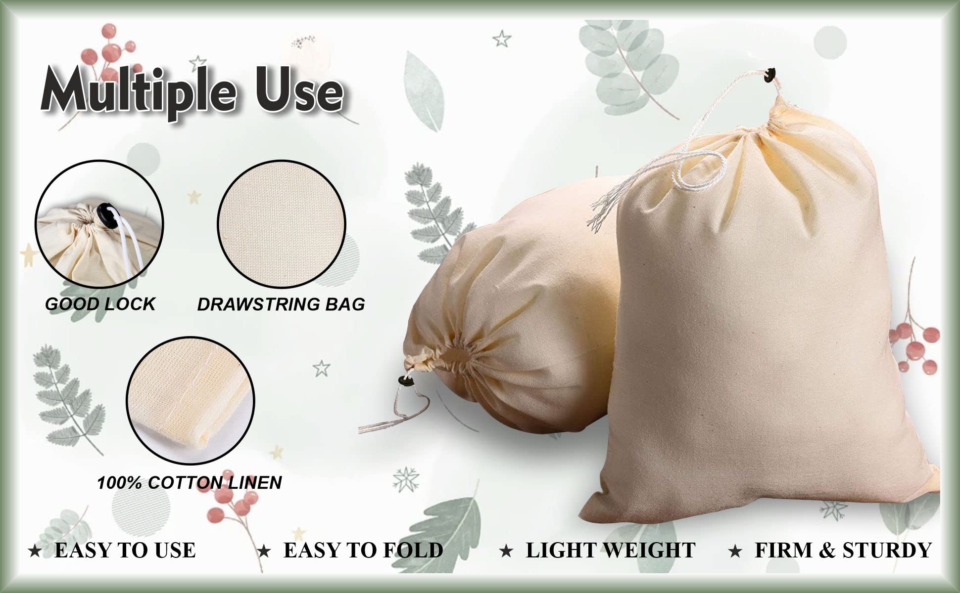100% Natural Cotton Muslin Bags 8x10 Inch with Drawstring & Lock - 12 Pack for DIY, Spices, Sachets, Herbs, Jewelry, Wedding Favors & Produce Storage - Eco-Friendly Reusable Cloth Bags for Home, Kitchen & Crafting
