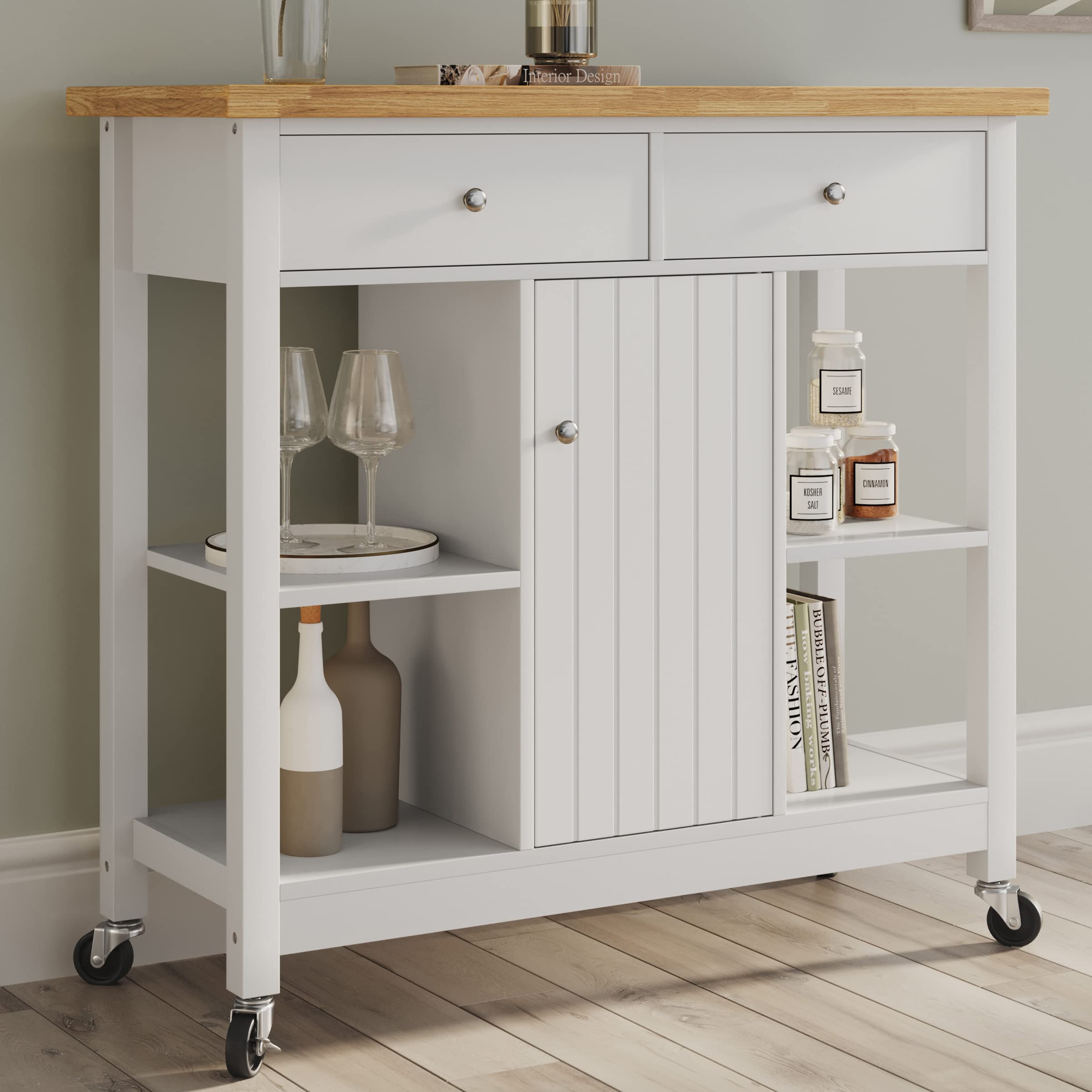 Premium White Kitchen Island with Drawers & Locking Wheels - Mobile Rolling Cart for Coffee Bar, Microwave Stand, Pantry Storage - Perfect for Small Kitchens, Apartments & Entertaining Guests