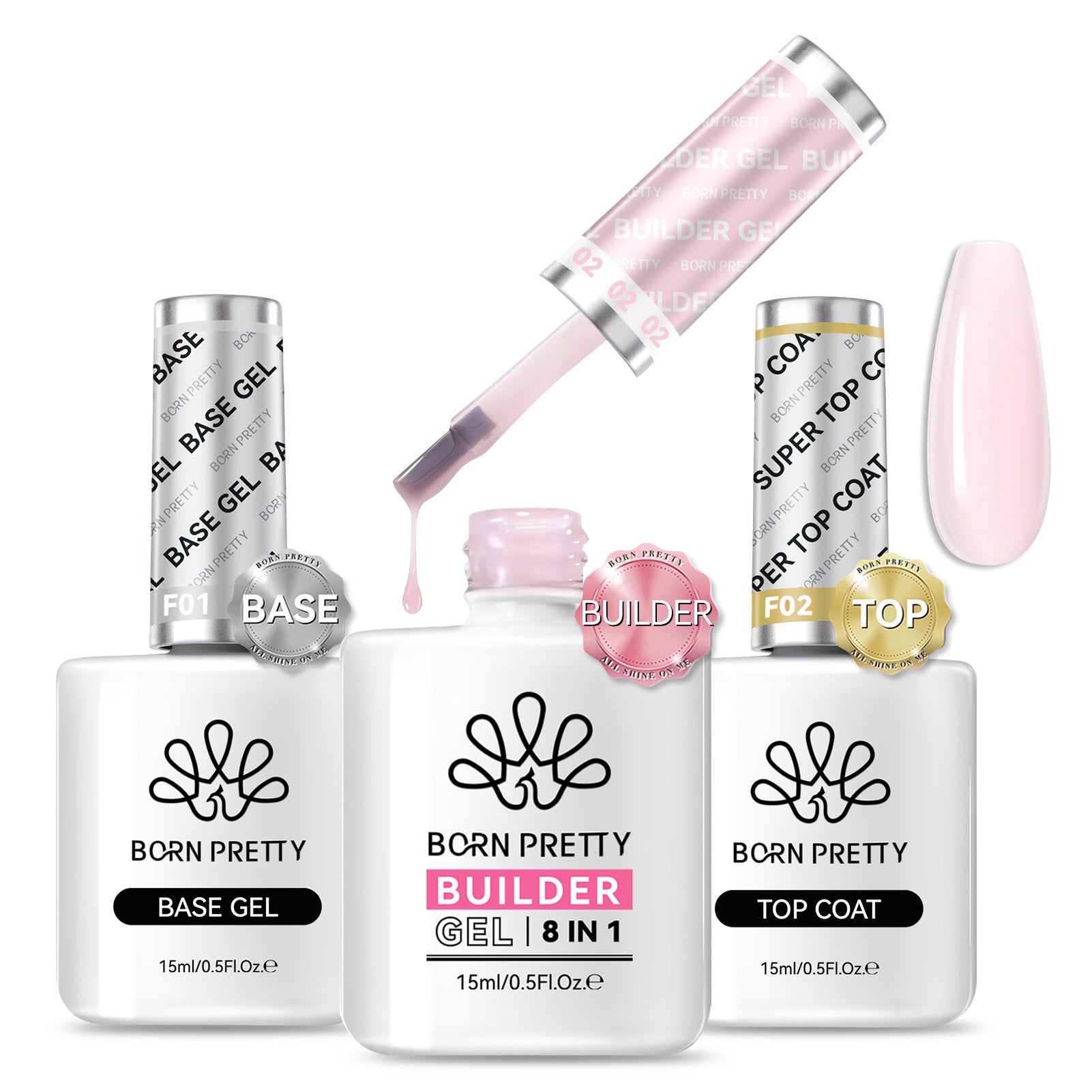 3-Pack Nail Gel Polish Set (Base Coat, Top Coat, 8-in-1 Builder Gel) - Professional Salon Quality DIY Manicure Kit for Home & Nail Salon Use