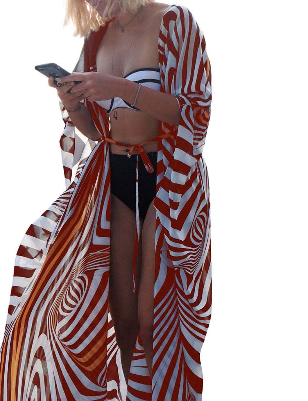 Eddoyee Women's Printed Beach Kimono Cardigan - Lightweight Open Front Swimsuit Cover Up for Pool, Vacation & Summer Outfits