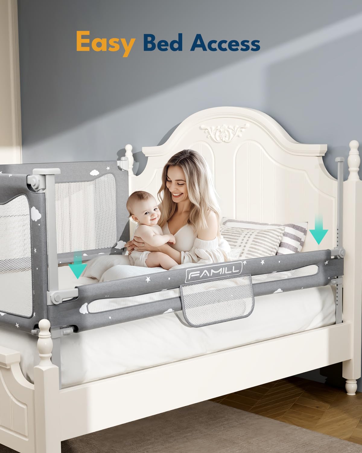 FAMILL Toddler Bed Rail - Quick Assembly Foldable Safety Guard for Kids, U-Shape Base Fits Queen, King, Full & Twin Beds (74.8