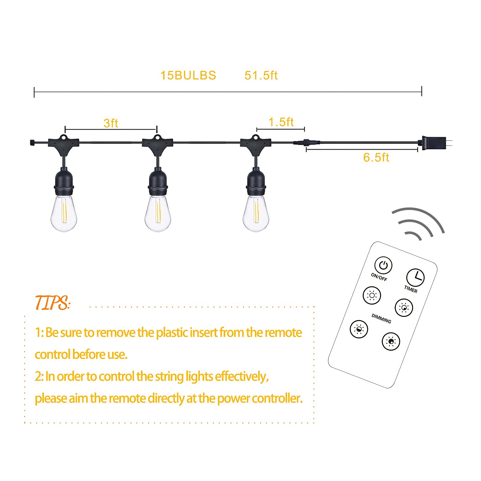 52Ft Dimmable LED Outdoor String Lights - Weatherproof Patio Lights for Garden, Backyard, Wedding & Party Decor (Warm White)