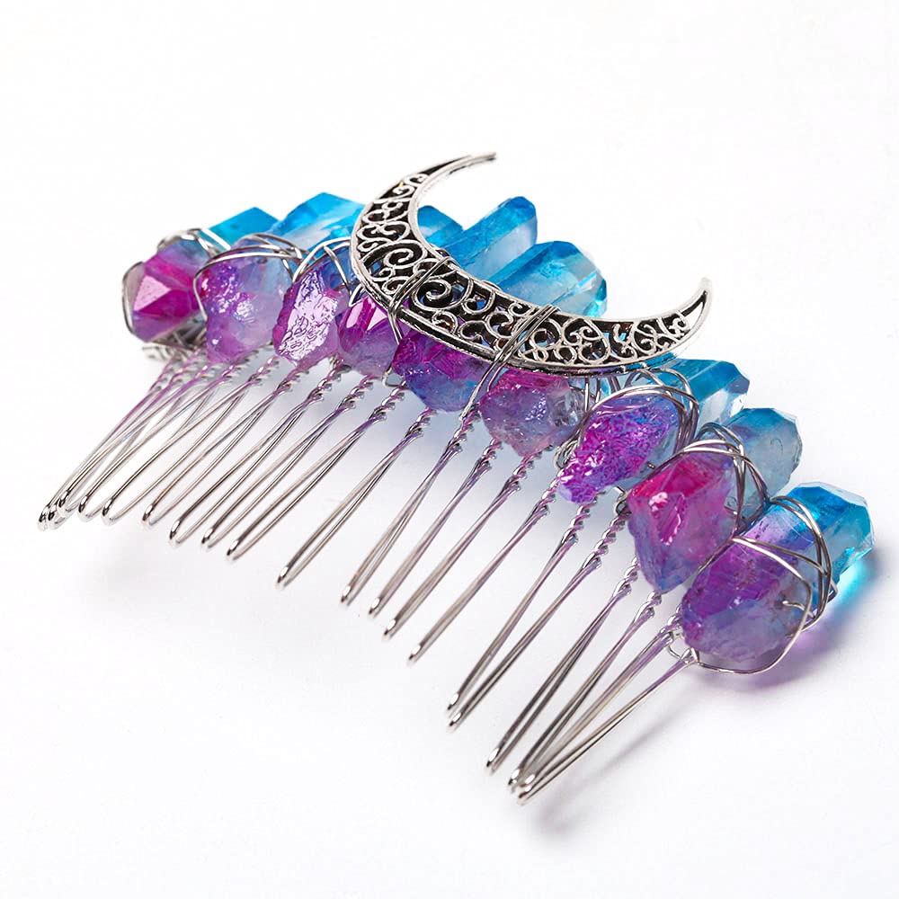 Natural Crystal Hair Comb for Women - Aura Amethyst & Blue Bridal Wedding Headpiece, Hairpin & Hair Clip for Side Styling | Perfect for Weddings, Prom & Special Occasions
