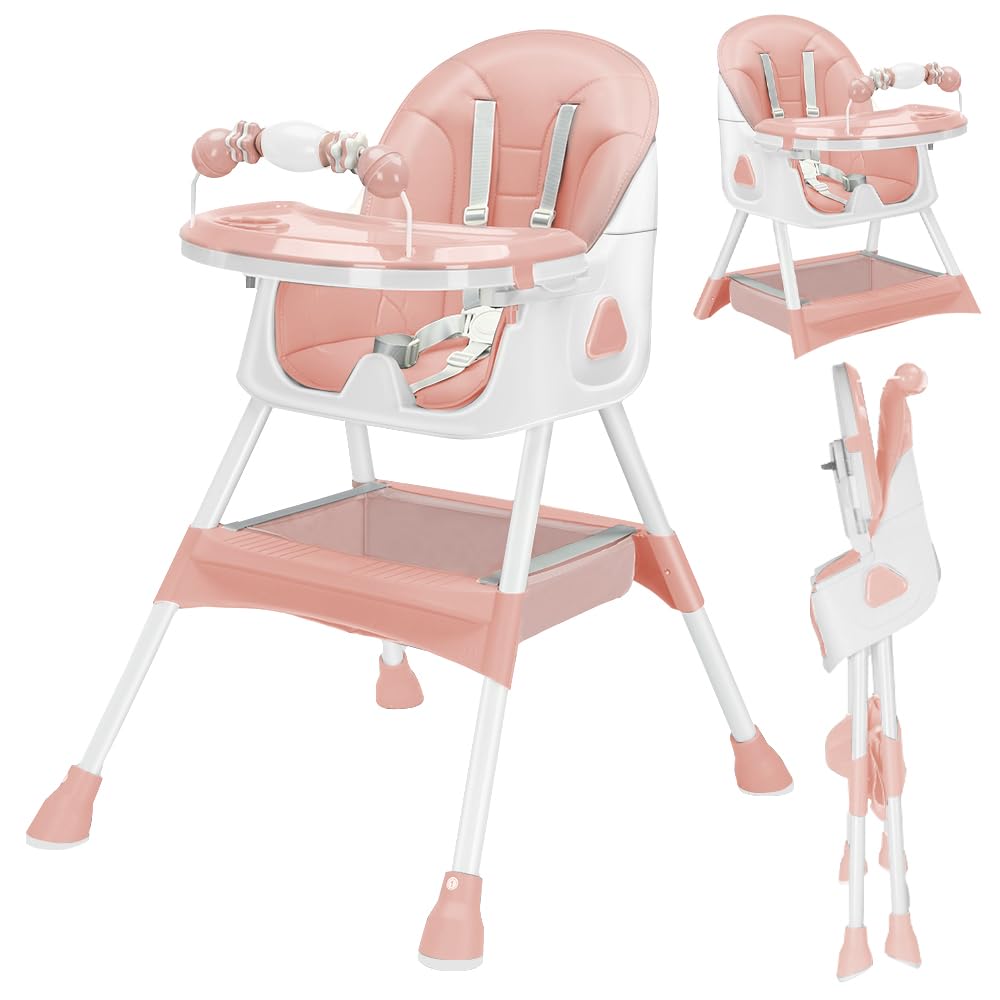 UBRAVOO 3-in-1 Foldable Baby High Chair - Convertible Portable Dining Chair with 5-Point Safety Harness, Double-Layer Tray & Toy Rack for Infants & Toddlers (Pink) - Perfect for Home, Restaurant & Travel Use