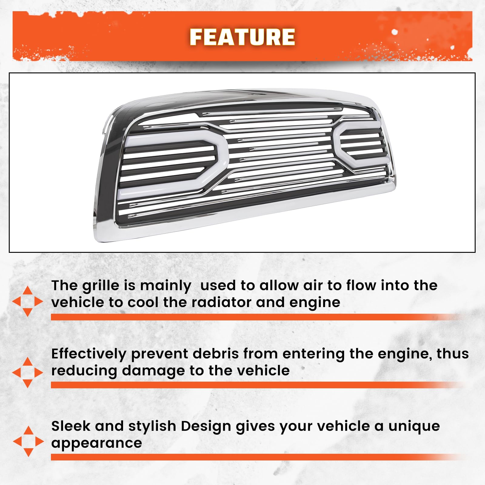 ECOTRIC Chrome Front Bumper Grill with LED Lights for 2009-2012 Dodge Ram 1500 | Hood Grille Replacement Shell | Off-Road & Street Style Upgrade
