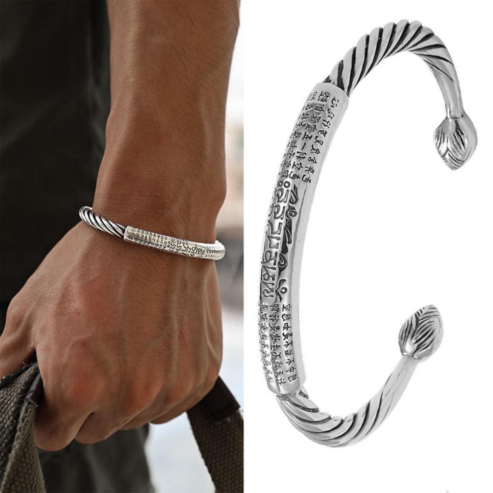 Six Character Mantra Bracelet for Men - Heart Sutra Open Adjustable Buddhist Wristband, Retro Twisted Rope Bracelet with Spiritual Protection - Perfect for Meditation, Yoga, and Daily Wear