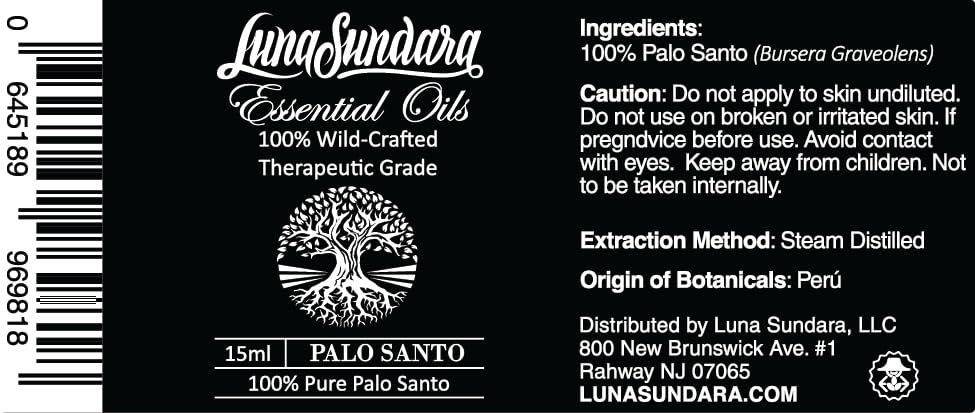 Luna Sundara 100% Pure Organic Undiluted Palo Santo Essential Oil - Wild-Crafted Therapeutic Grade Peruvian Palo Santo from Sustainable Wild Harvest - Perfect for Meditation, Aromatherapy, Spiritual Cleansing & Home Relaxation