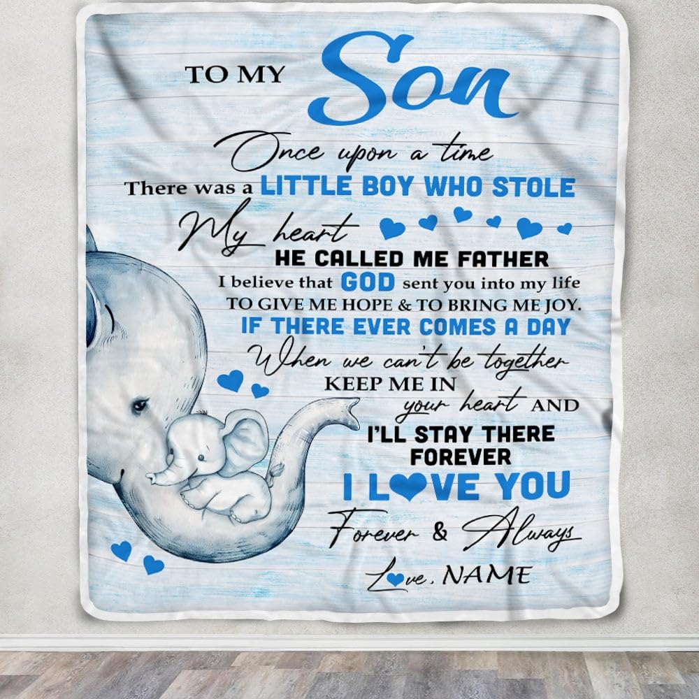 Personalized Elephant Blanket for Son from Dad - 'I'll Stay There Forever' Custom Fleece Throw Blanket (30x40 Inches Baby Size) - Perfect for Birthday, Christmas Gifts & Nursery Decor