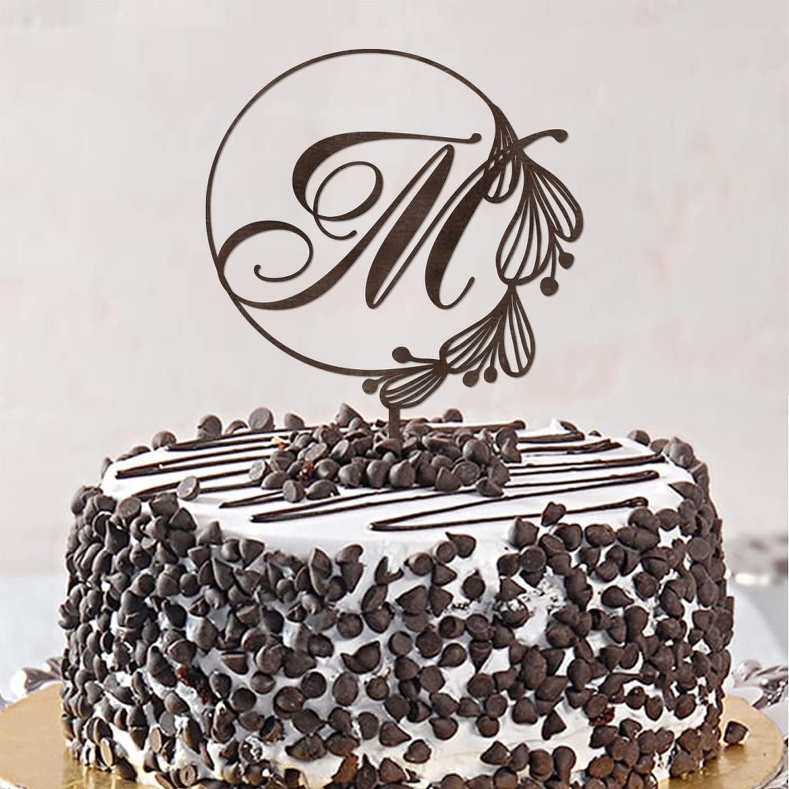 Personalized Initial M Cake Topper - Rustic Brown Wood Wreath Monogram Wedding Cake Decor (Design 06) - Perfect for Birthday, Anniversary, Bridal Shower & Rustic Wedding Cakes