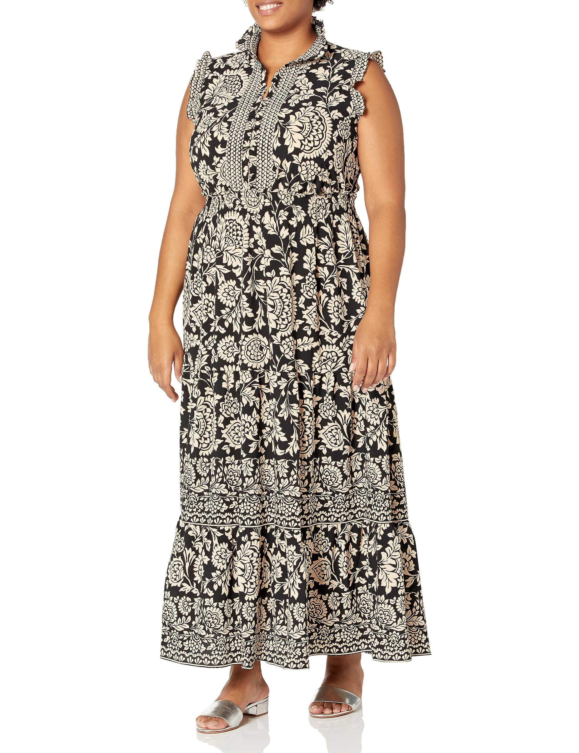 London Times Women's Boho Smocked Waist Ruffle Maxi Dress for Beach & Party