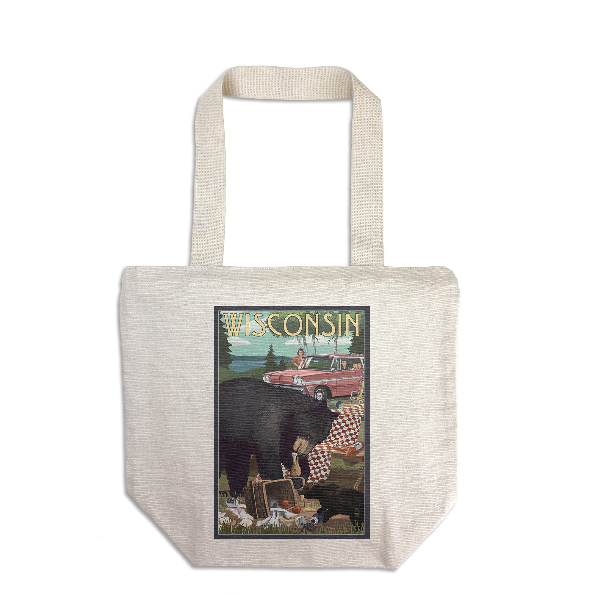 Lantern Press Wisconsin Bear and Picnic Scene Tote Bag - 100% Cotton Canvas Reusable Shopping Bag for Groceries, Beach, Picnics & Daily Use