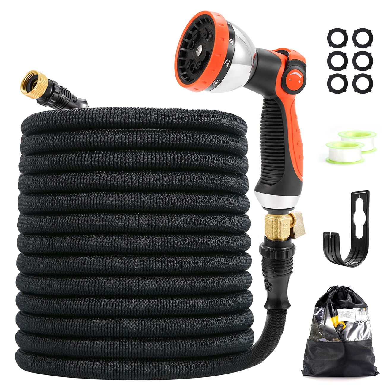 100ft Expandable Garden Hose with 10-Function Brass Spray Nozzle - 3750D Heavy Duty Fabric, 3/4