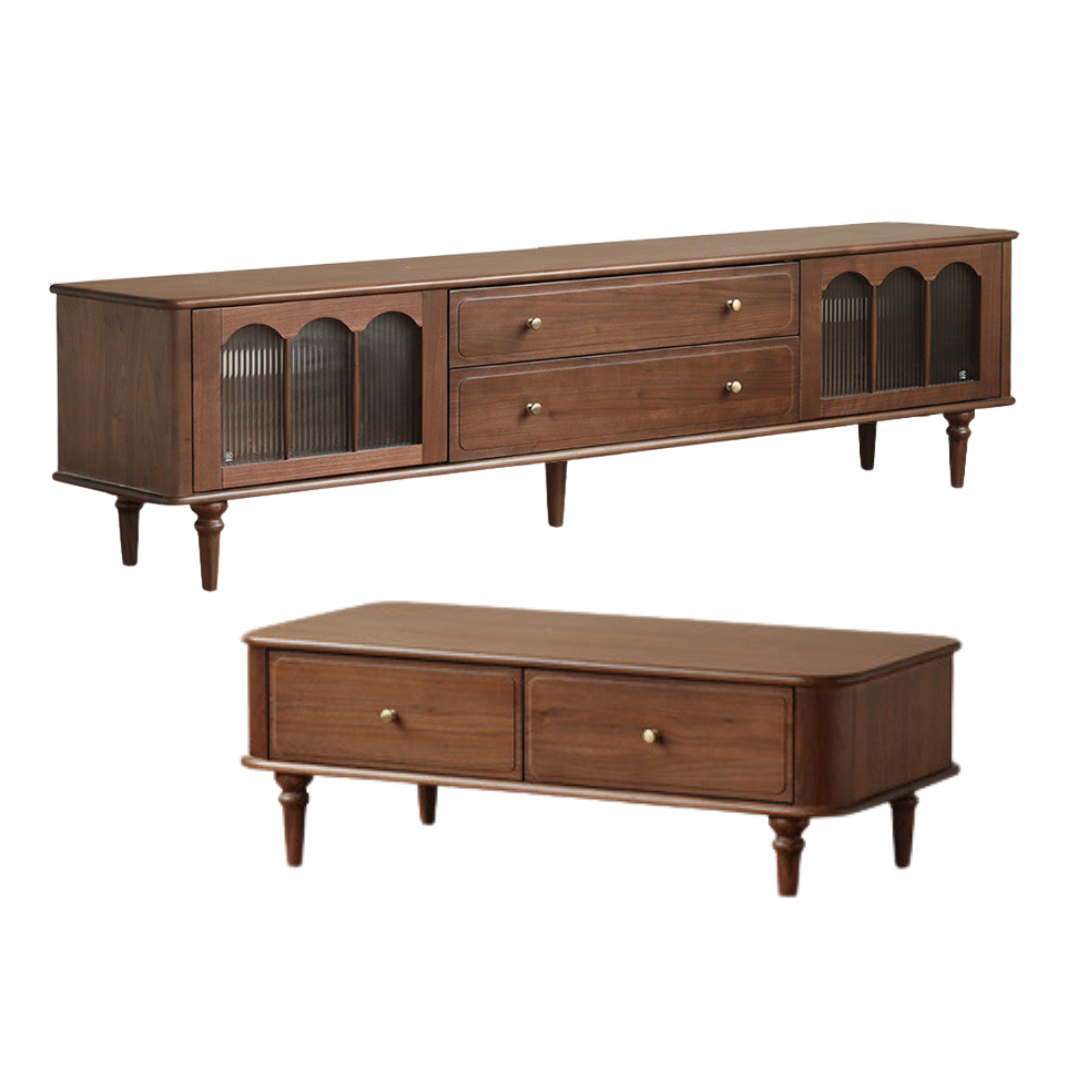 Solid Black Walnut Coffee Table & TV Stand Set - American Retro Style Living Room Furniture for Home Decor
