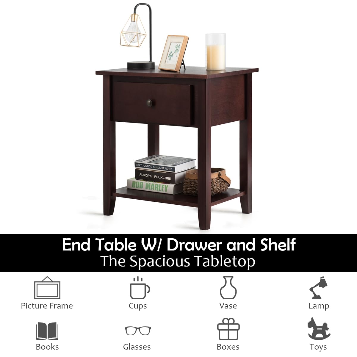 Tangkula End Table with Drawer - Modern Nightstand with Storage Shelf | Bedside Table for Bedroom, Living Room & Office | Perfect as Sofa Side Table, Accent Table with Open Shelf for Books & Decor