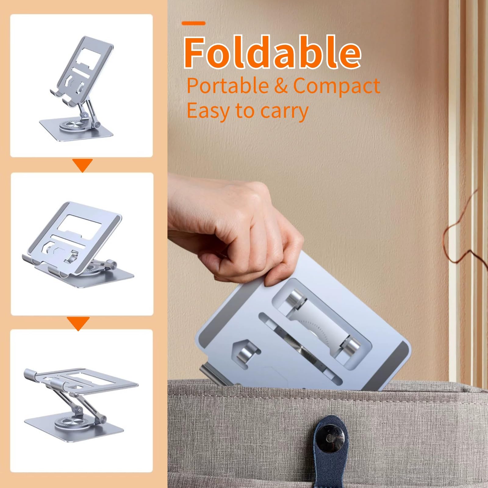 360° Rotable Aluminum iPad Stand - Adjustable Height Foldable Tablet Holder for iPad Pro/Air/Mini, Kindle & Smartphones | Portable Desktop Stand for Home Office, Reading, Video Calls & Digital Art (Dark Gray)