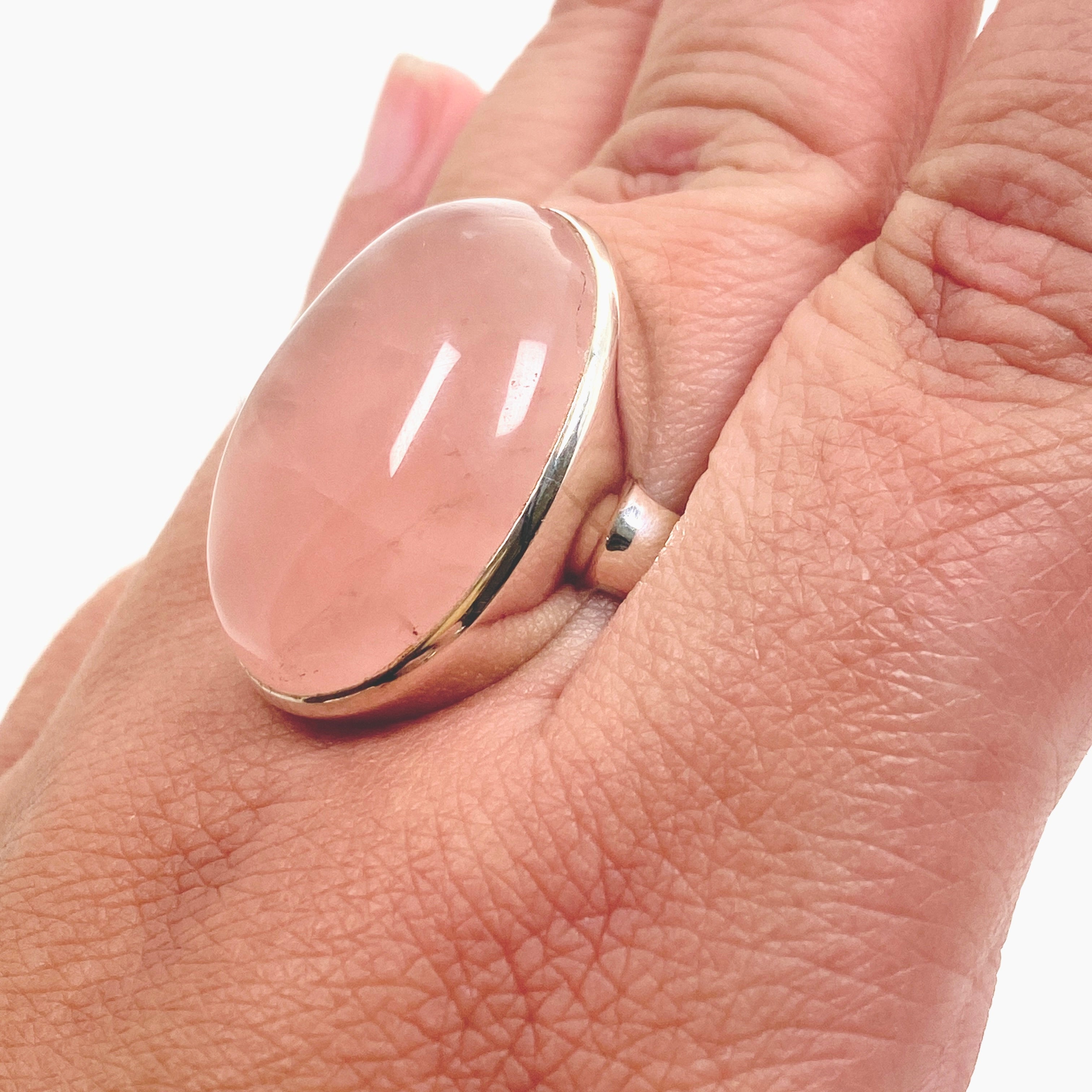 Rose Quartz Oval Cabochon Ring - Size 12 Sterling Silver Adjustable Band - PRGJ556 - Perfect for Meditation, Healing & Boho Fashion Jewelry