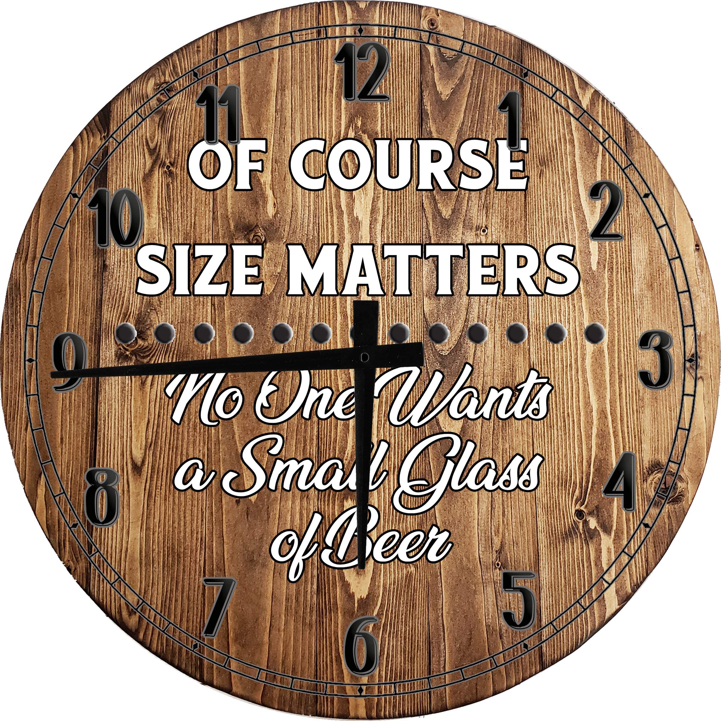Funny Beer Wall Art - 12 Inch Large Round Wood Wall Clock with 'Size Matters' Beer Glass Design - Perfect for Bar, Man Cave, and Home Decor