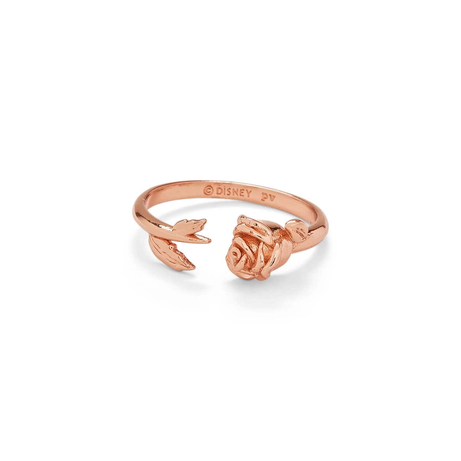 Pura Vida Rose Gold-Plated Disney Belle Rose Open Ring with Rosebud Charm - Brass Base - Size 5-9 - Perfect for Disney Fans, Gift Giving & Everyday Wear