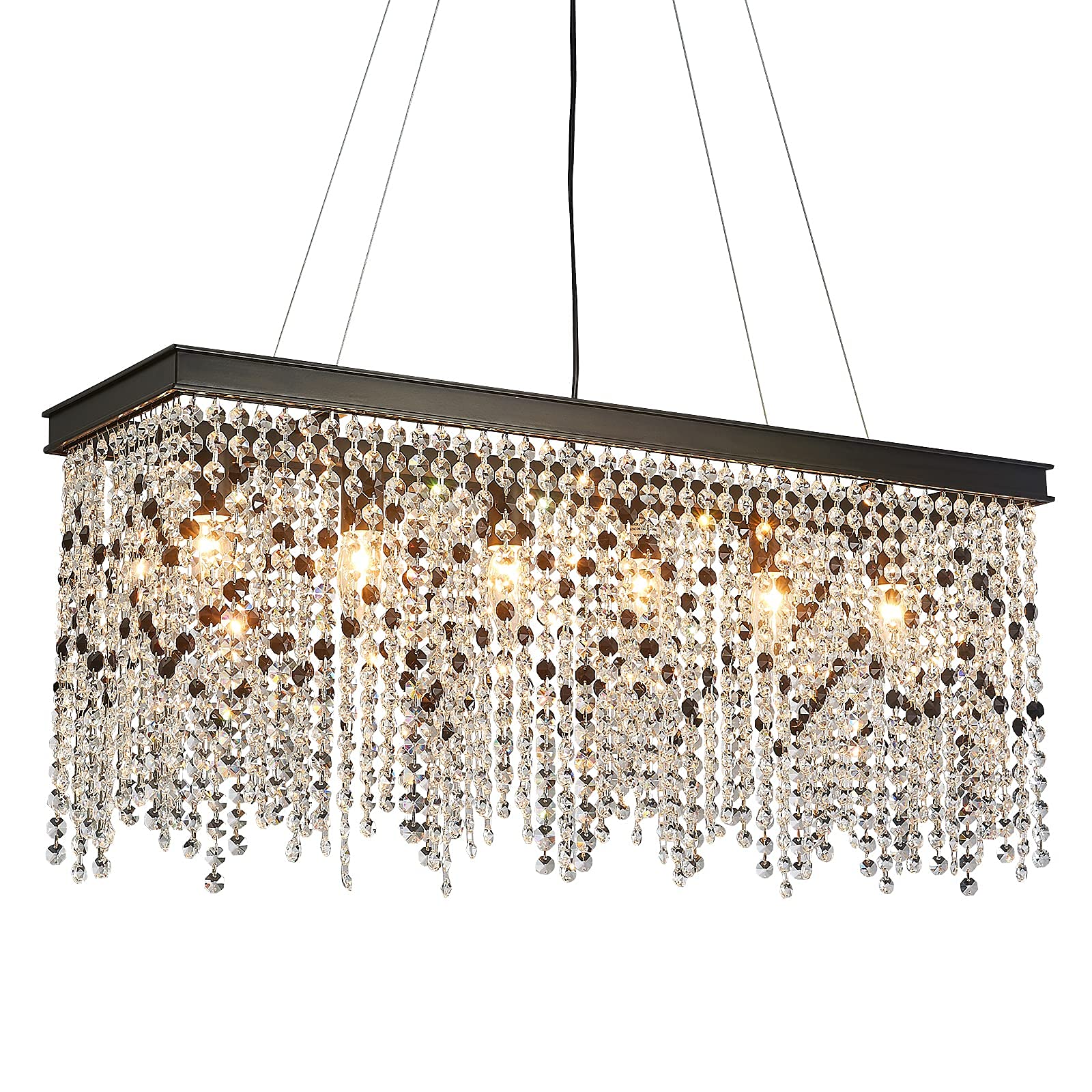 Q&S Black Modern Crystal Chandelier - 6-Light Luxury Rectangle LED Chandelier Lighting Fixture for Dining Room, Kitchen Island, Bar - UL Listed | Elegant Ceiling Light for Home Decor, Wedding Venues & Restaurants