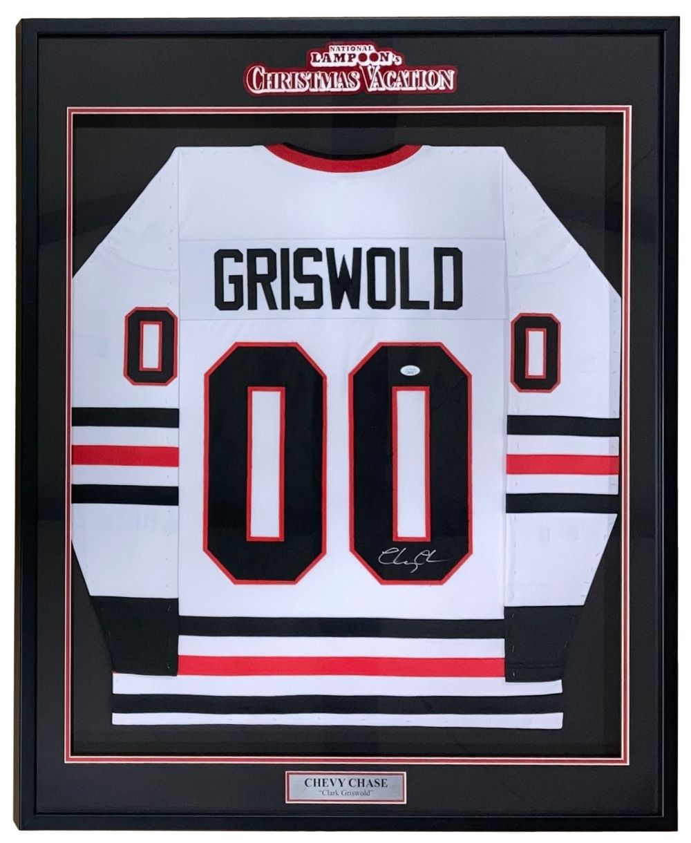Chevy Chase Autographed Framed Christmas Vacation Jersey - White Griswold Costume with JSA Certificate - Perfect for Movie Memorabilia Collectors & Holiday Decor