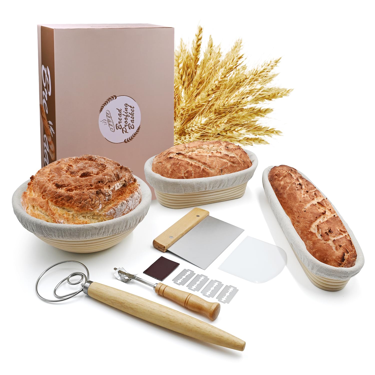 Banneton Bread Proofing Basket Set - 9'' Round, 10'' Oval & Baguette Cane Sourdough Proofing Baskets with Dough Whisk, Scrapers & Bread Lame - Complete Sourdough Bread Baking Kit for Artisan Bread Making at Home
