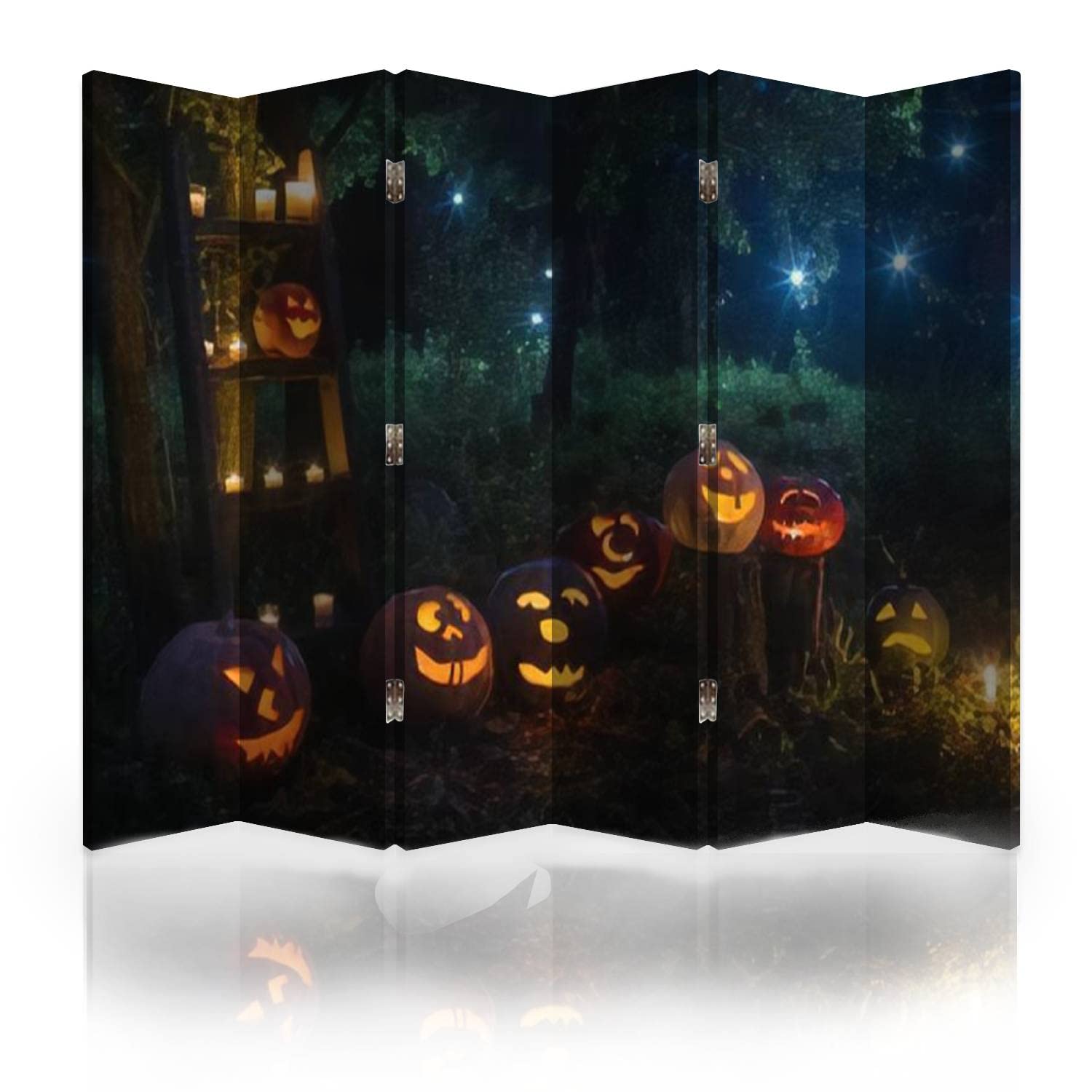 6-Panel Canvas Room Divider Screen with Halloween Jack-o'-Lantern Pumpkins Design - Foldable Privacy Partition for Indoor/Outdoor Use - Perfect for Home Decor, Office Spaces, and Event Separators