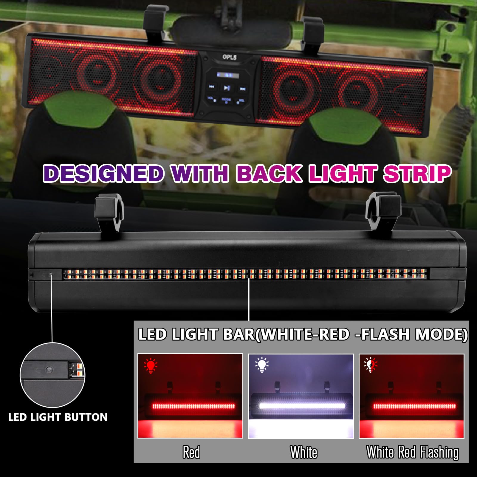 OPL5 26-Inch UTV Sound Bar with 6 Speakers, RGB Multicolor LED Lights & Backlight Strip - Waterproof Bluetooth ATV Audio System for Golf Carts (Fits 1.75