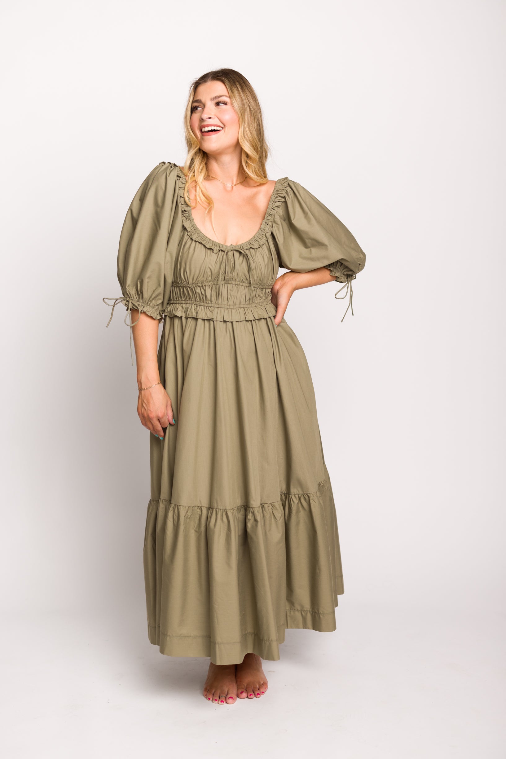 Crissy Ruched Midi Dress in Dusty Olive - Bump Friendly Maternity Dress for Women, Stretchy Bodycon Dress for Pregnancy & Nursing - Perfect for Baby Showers, Date Nights & Special Occasions