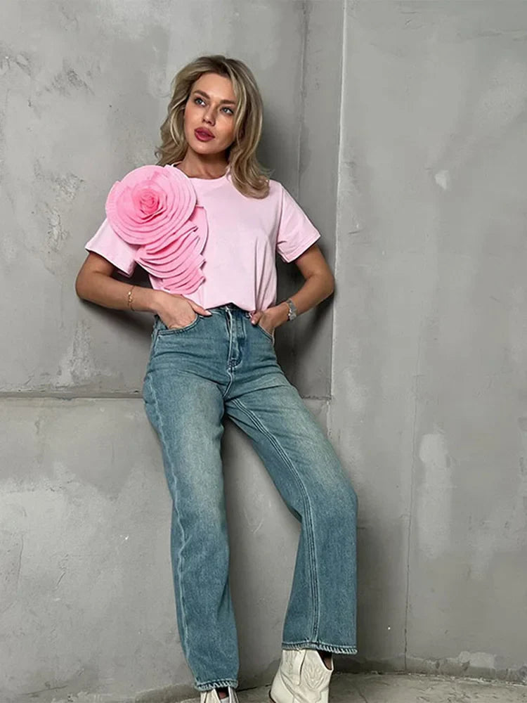 3D Pleated Flower Women's T-Shirt - Elegant Round Neck Short Sleeve Blouse for Spring & Summer | Casual Streetwear for Ladies | Perfect for Daily Wear, Dating, and Shopping