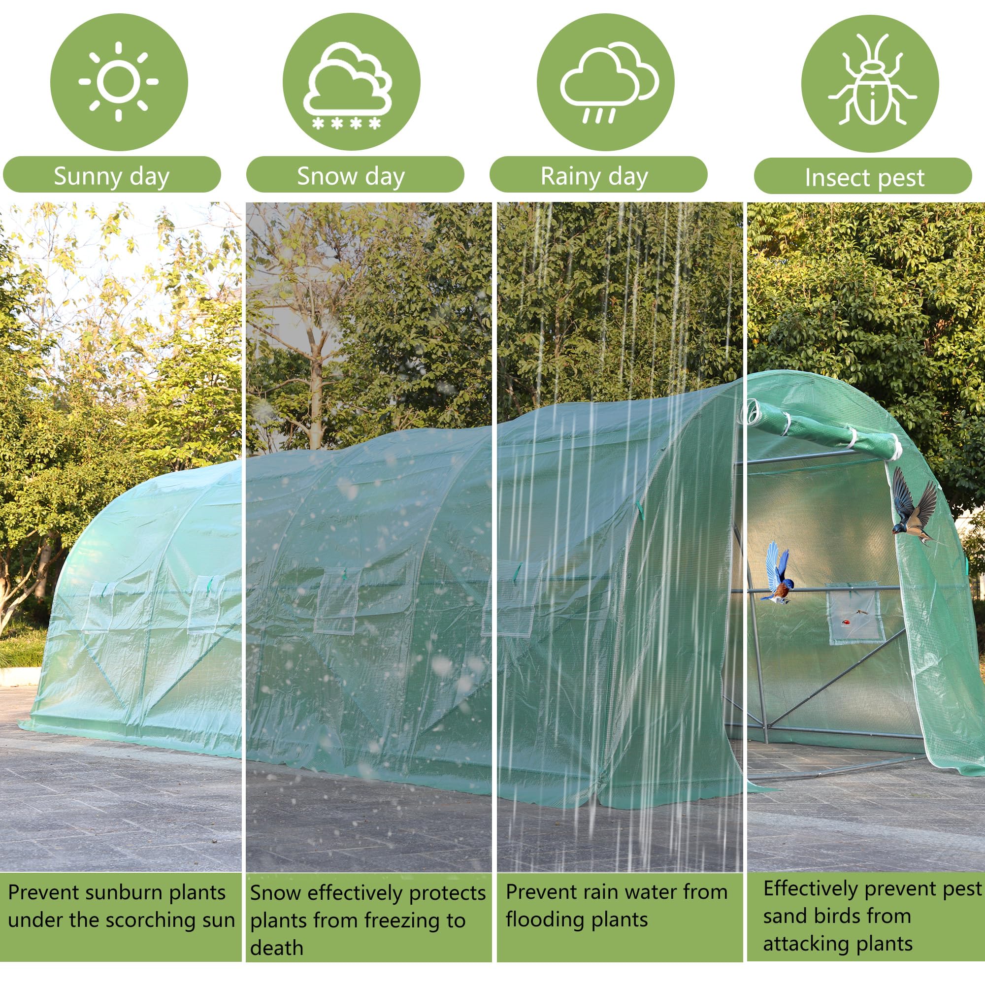 20x10x7FT Heavy-Duty Greenhouse Tunnel with Sturdy Metal Frame & PE Cover - Walk-In Design, Roll-Up Zipper Door & Ventilated Windows for Outdoor Gardening, Plant Growing & Backyard Shelter (Green) - Perfect for Home Gardeners, Urban Farming & Year-Round Plant Protection