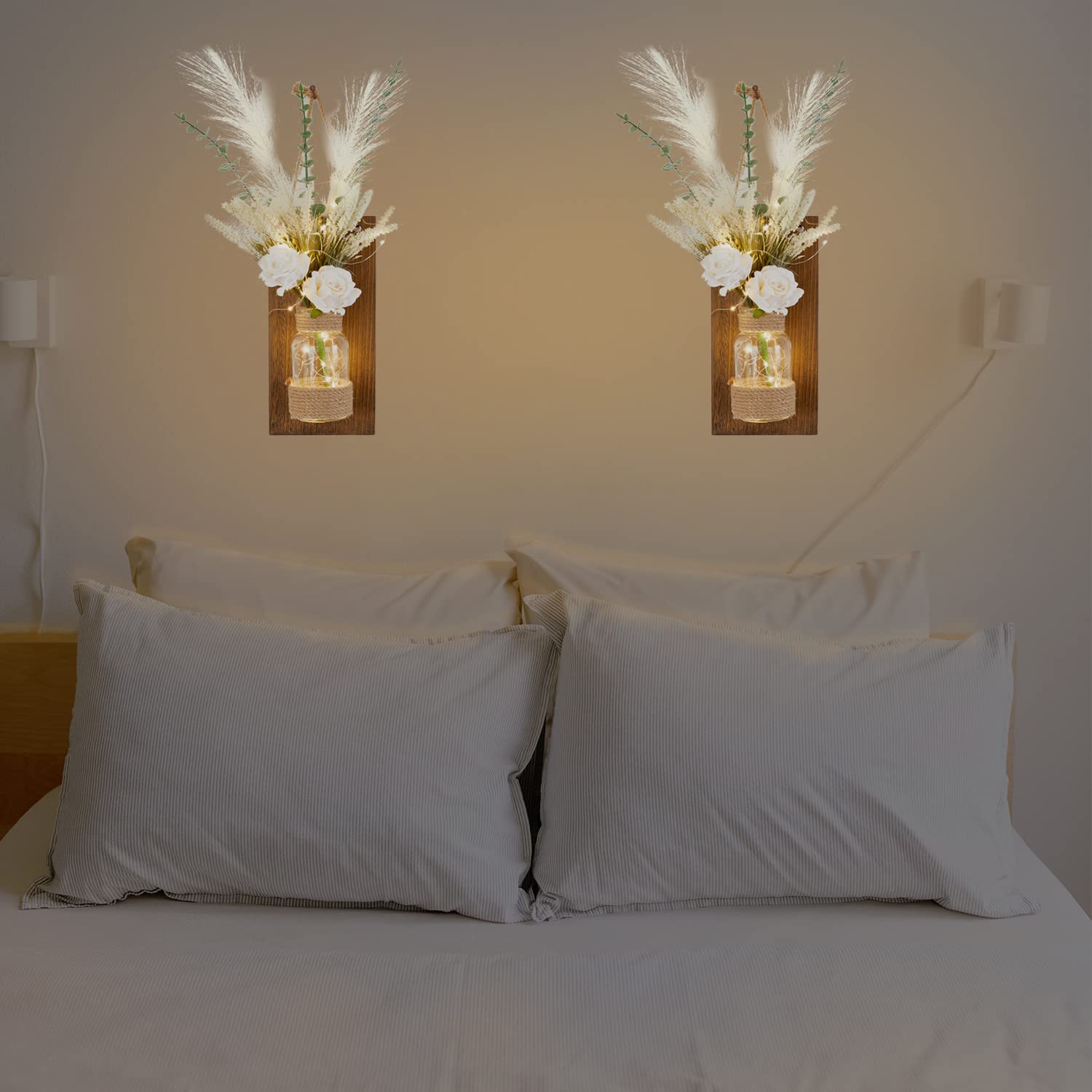 2-Pack Rustic Mason Jar Sconce Wall Decor with Remote Control LED Fairy Lights & Artificial White Roses - Farmhouse Spring Decor for Bedroom, Living Room, Wedding, Party | Home Lighting Decorations