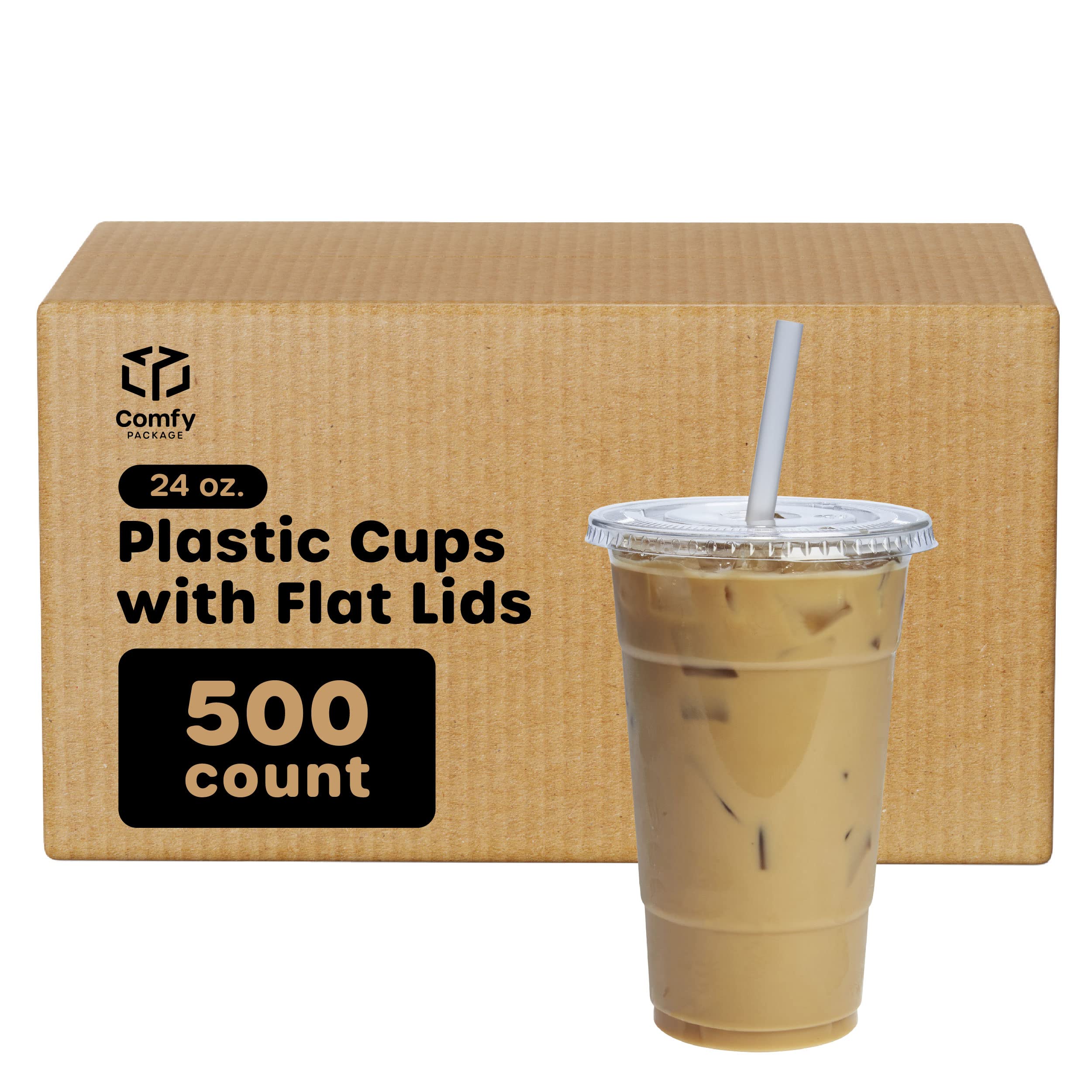 Bulk Case of 5/100 Sets - 500 Pack 24 oz Crystal Clear Plastic Cups with Flat Lids - Perfect for Parties, Events, and Catering