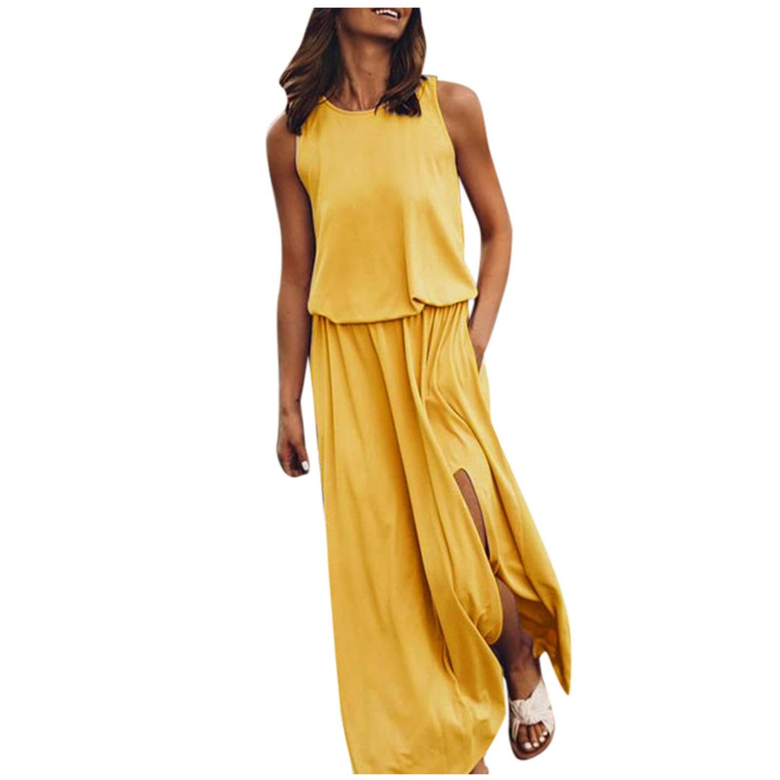 Women's Sexy Split Maxi Dress - Round Neck Sleeveless Pleated Summer Dress in Solid Colors | Perfect for Beach Vacations, Date Nights & Casual Outings