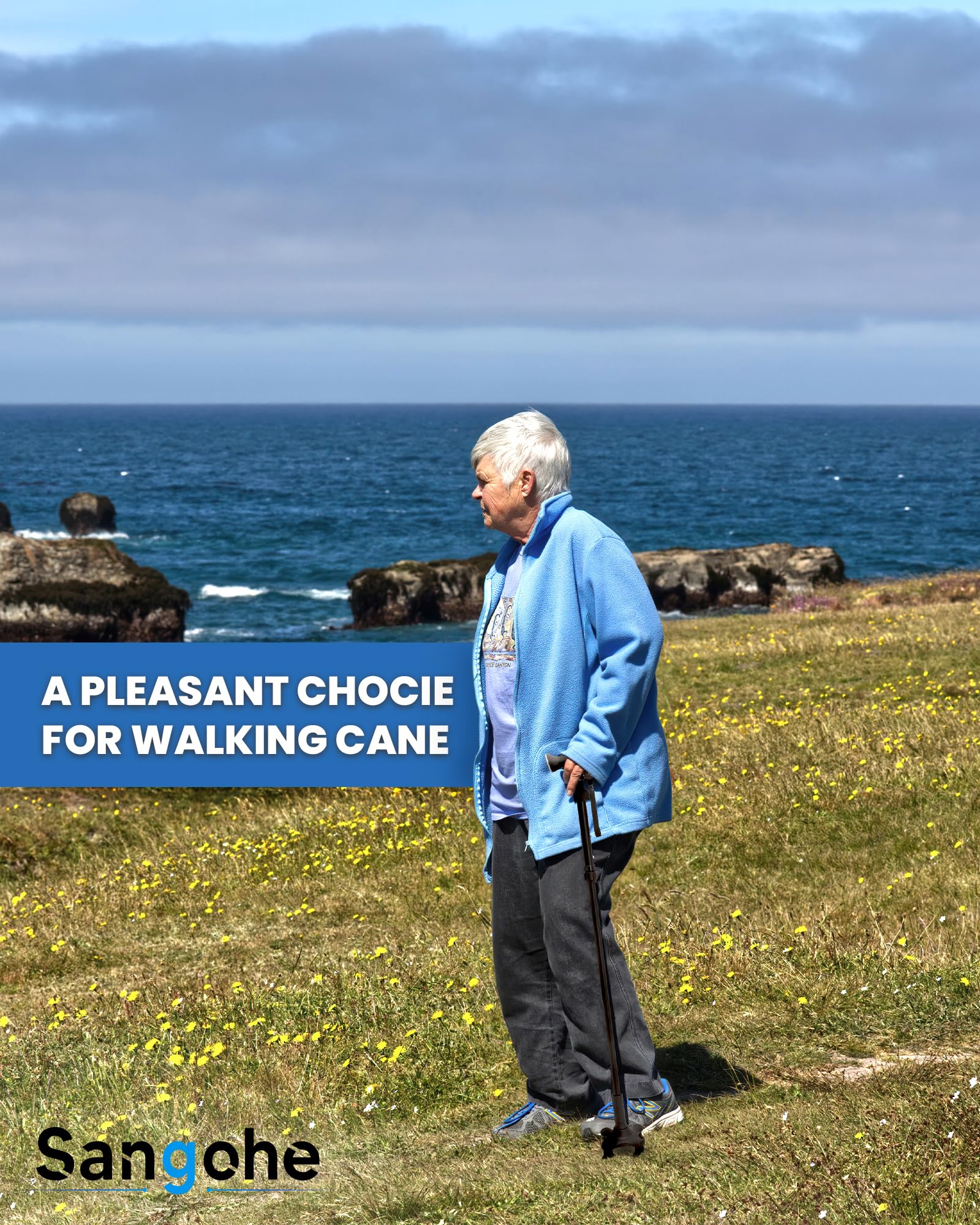 Sangohe Adjustable Walking Cane with Pivot Tip & 4-Leg Base - Lightweight Folding Cane with Safety Light & Travel Bag - Mobility Aid for Seniors & Adults - Ideal for Travel, Hiking & Daily Stability Support - Black (Model 929D)