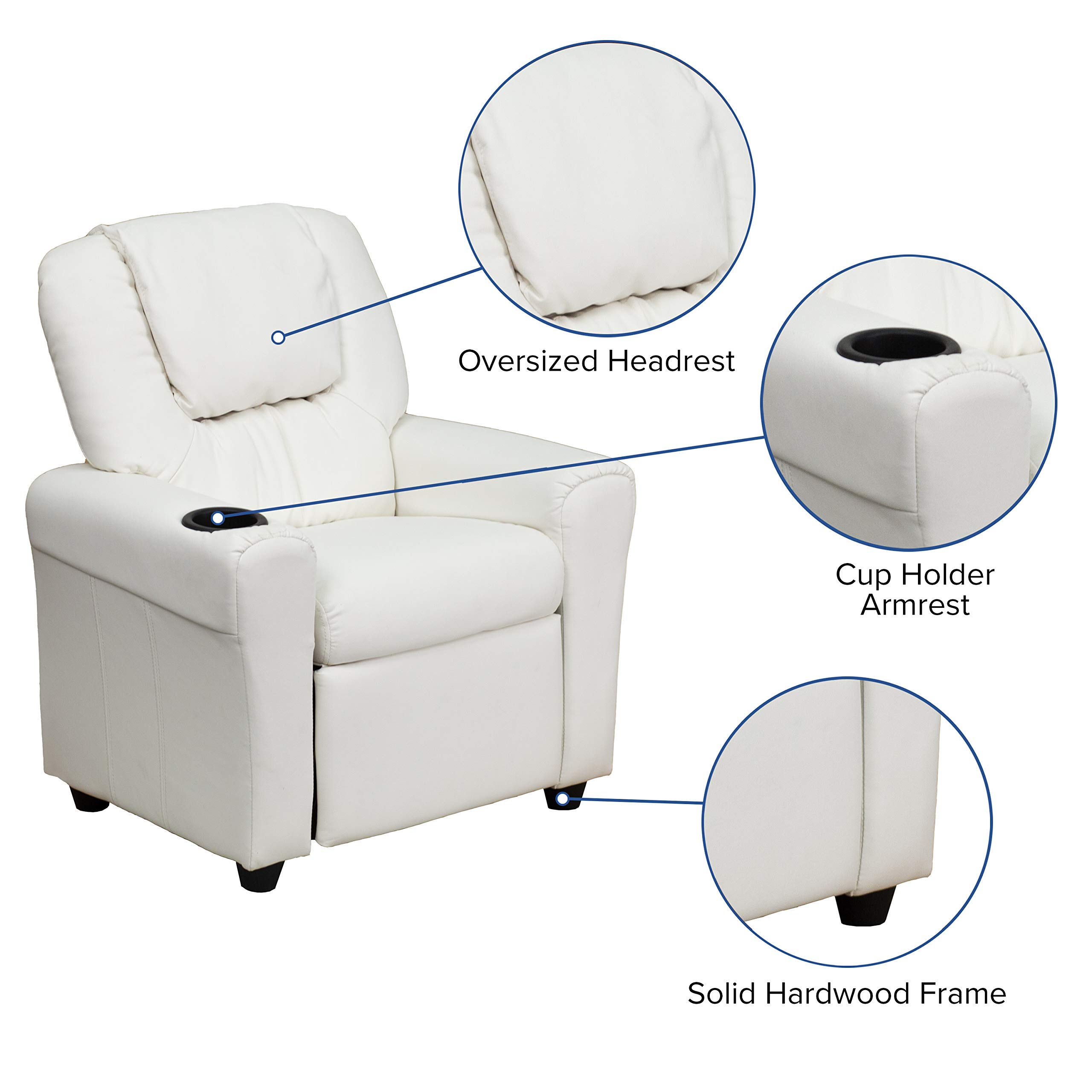 Emma & Oliver White Vinyl Kids Recliner Chair with Cup Holder & Headrest - Comfortable Children's Lounge Chair for Playroom, Bedroom or TV Time
