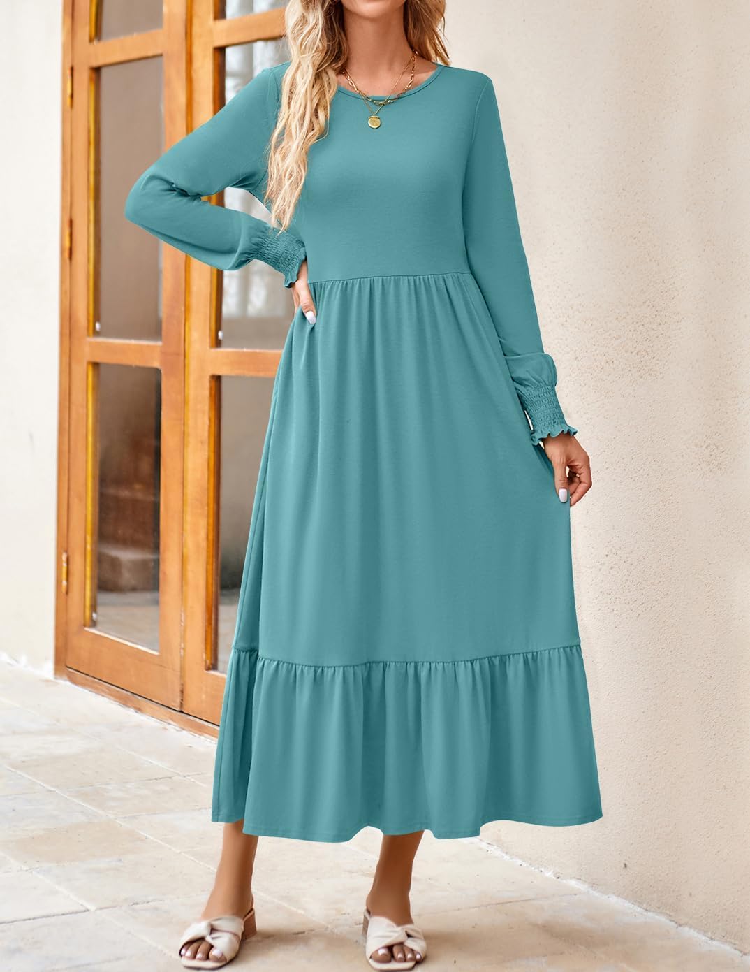ZESICA Women's Spring Long Sleeve Dress 2025 - Crewneck Casual Loose Pleated Tiered Swing Midi Dress with Pockets | Perfect for Office, Date Night & Spring Outfits