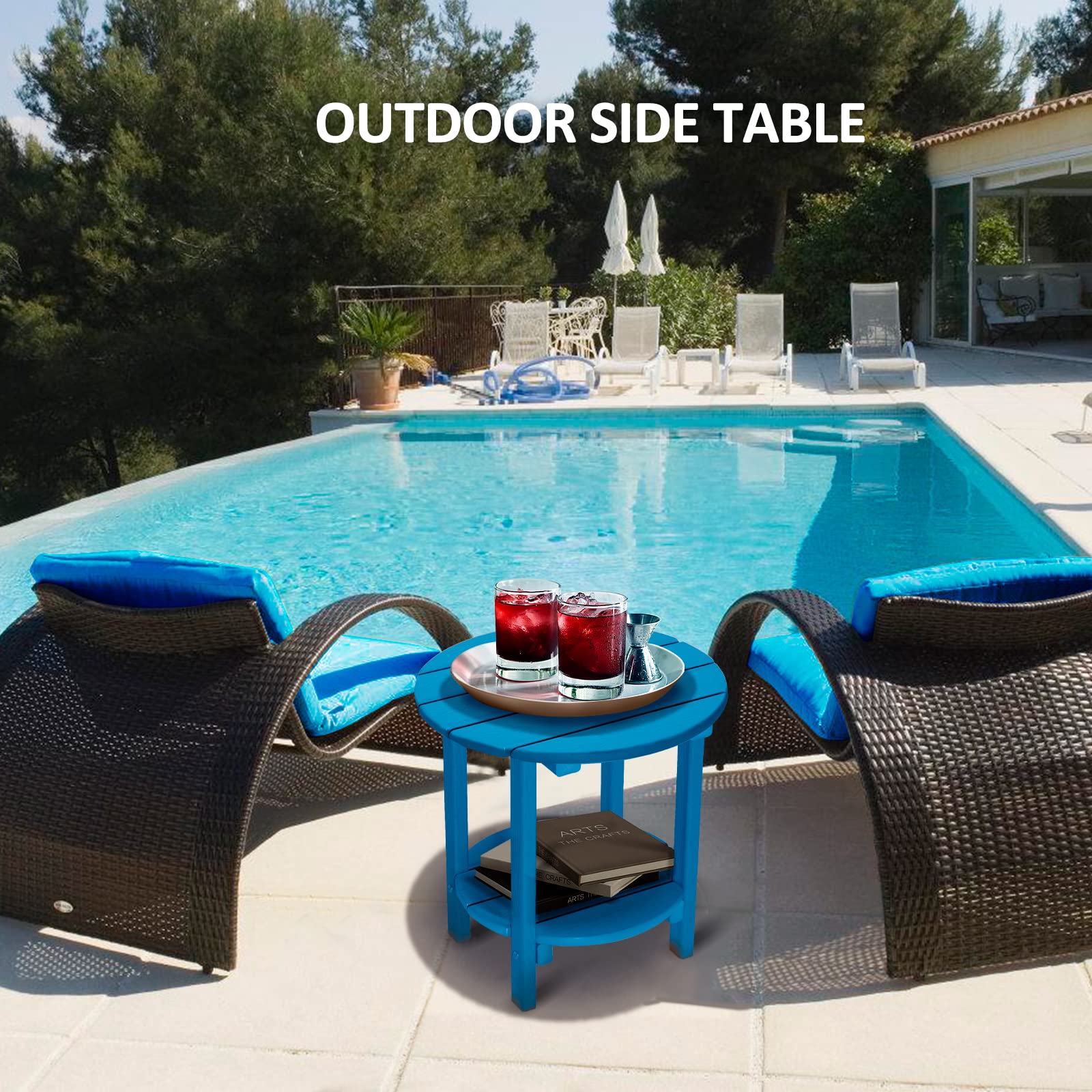 2-Tier Round Outdoor Side Table with Wood-Like Grain - 17.7