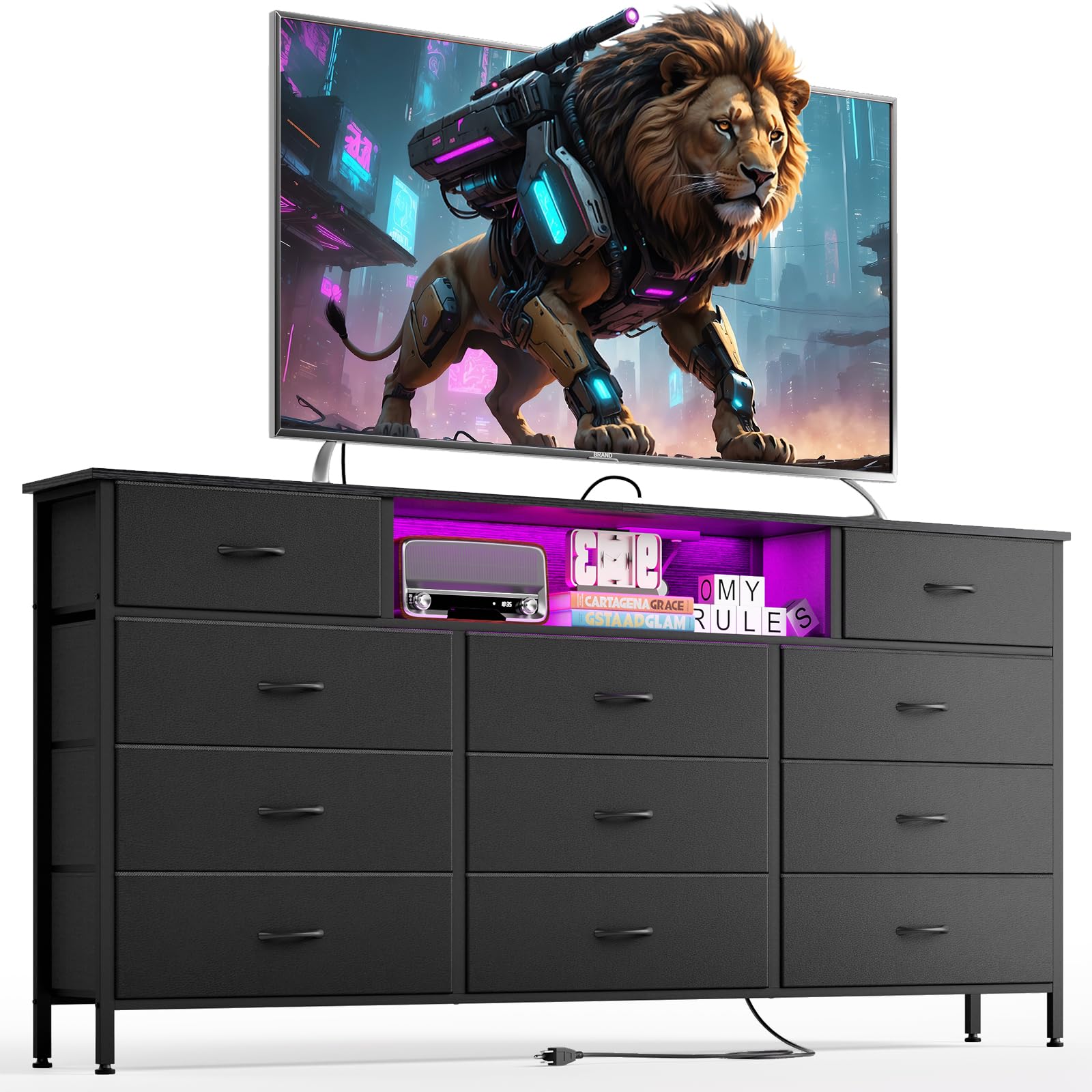 Fixwal 11-Drawer Long Dresser for Bedroom with USB Charging Station & LED Lights, Black Fabric TV Stand Chest with PU Finish - Perfect for Bedroom Storage, Living Room Entertainment Center & Entryway Organization