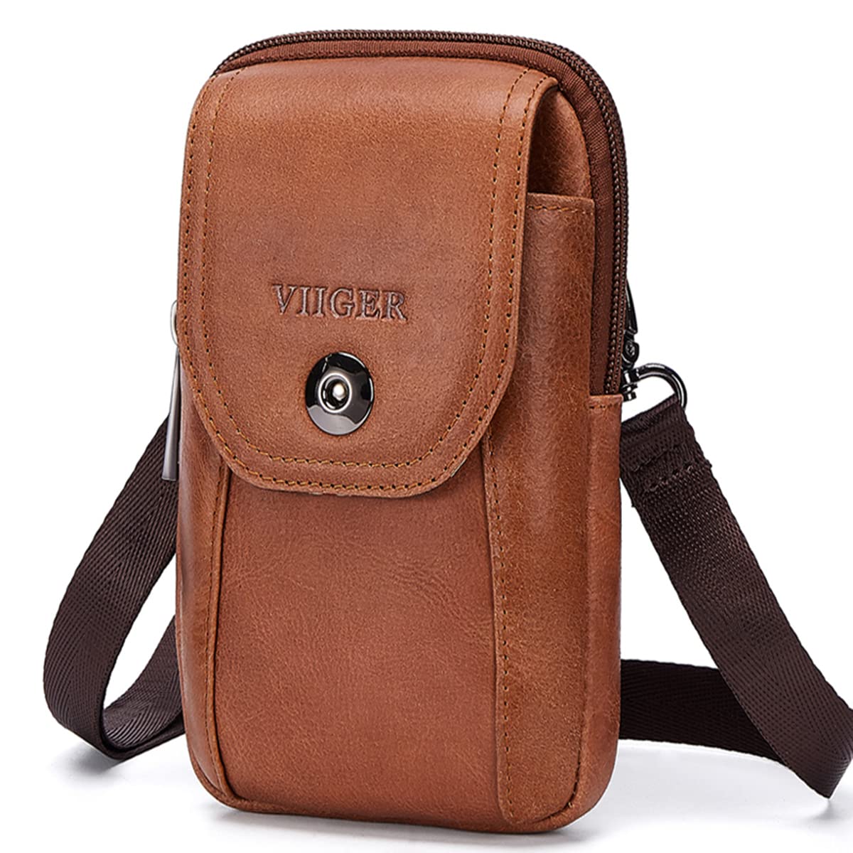 VIIGER Genuine Leather Magnetic Phone Holster - Compatible with iPhone 16 Pro Max/15 Pro Max & Samsung S24 Ultra - Belt Clip Pouch with Adjustable Loop for Crossbody, Shoulder Bag or Purse - Women's Brown Leather Cell Phone Case for Work, Travel & Outdoor Activities
