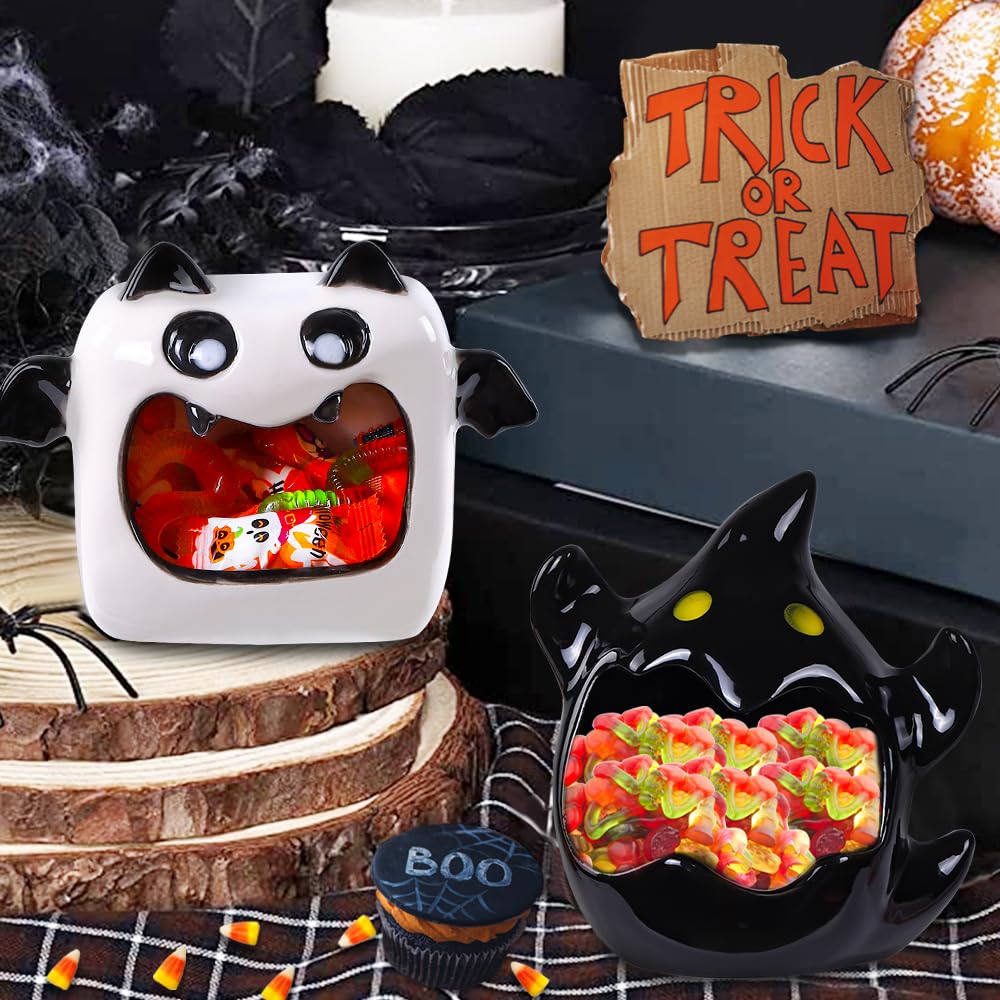 2-Pack Halloween Ghost Bat Ceramic Candy Bowls - Spooky Candy Dish & Candle Holder for Halloween Party Decor, Tiered Tray Ornament, Home Tableware Decorations - Perfect for Trick-or-Treat, Haunted House Parties & Fall Home Decor