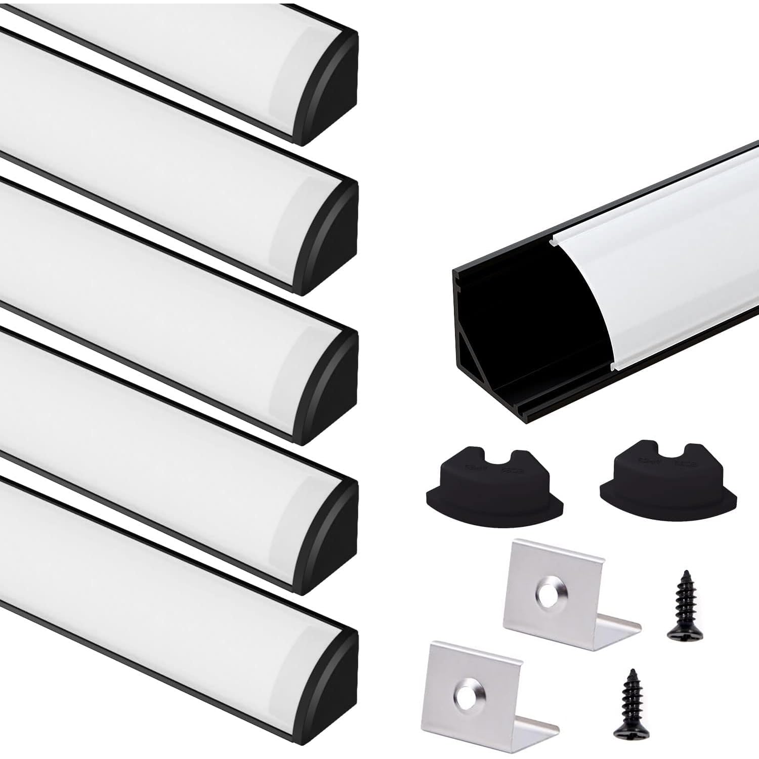 6Pack 3.3ft Black LED Aluminum Channel with Milky White Cover - 16x16mm V-Shape Track for LED Strip Lights - Home Lighting Solution for Kitchen, Bedroom, and Cabinet Underlighting