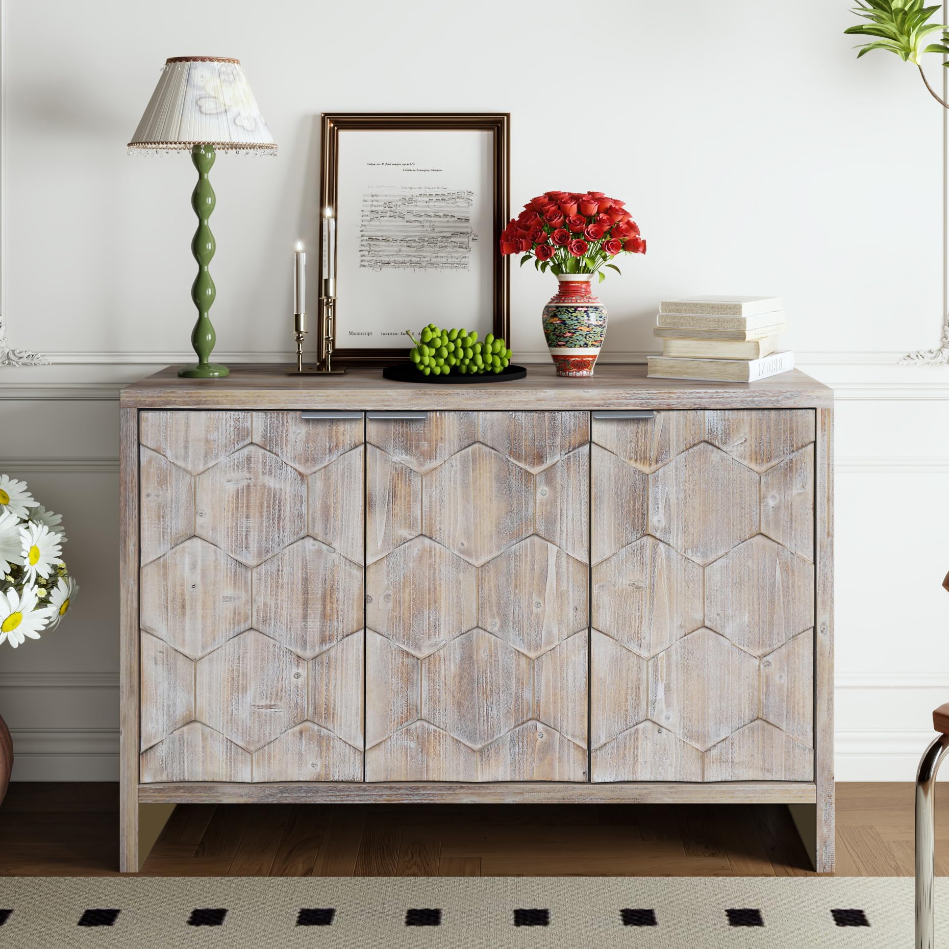 Farmhouse Sideboard Storage Cabinet - Solid Wood Accent Floor Cabinet with Adjustable Shelf, Buffet Server & Console Table for Living Room, Hallway, Dining Room - Perfect for Home Organization & Stylish Storage Solutions