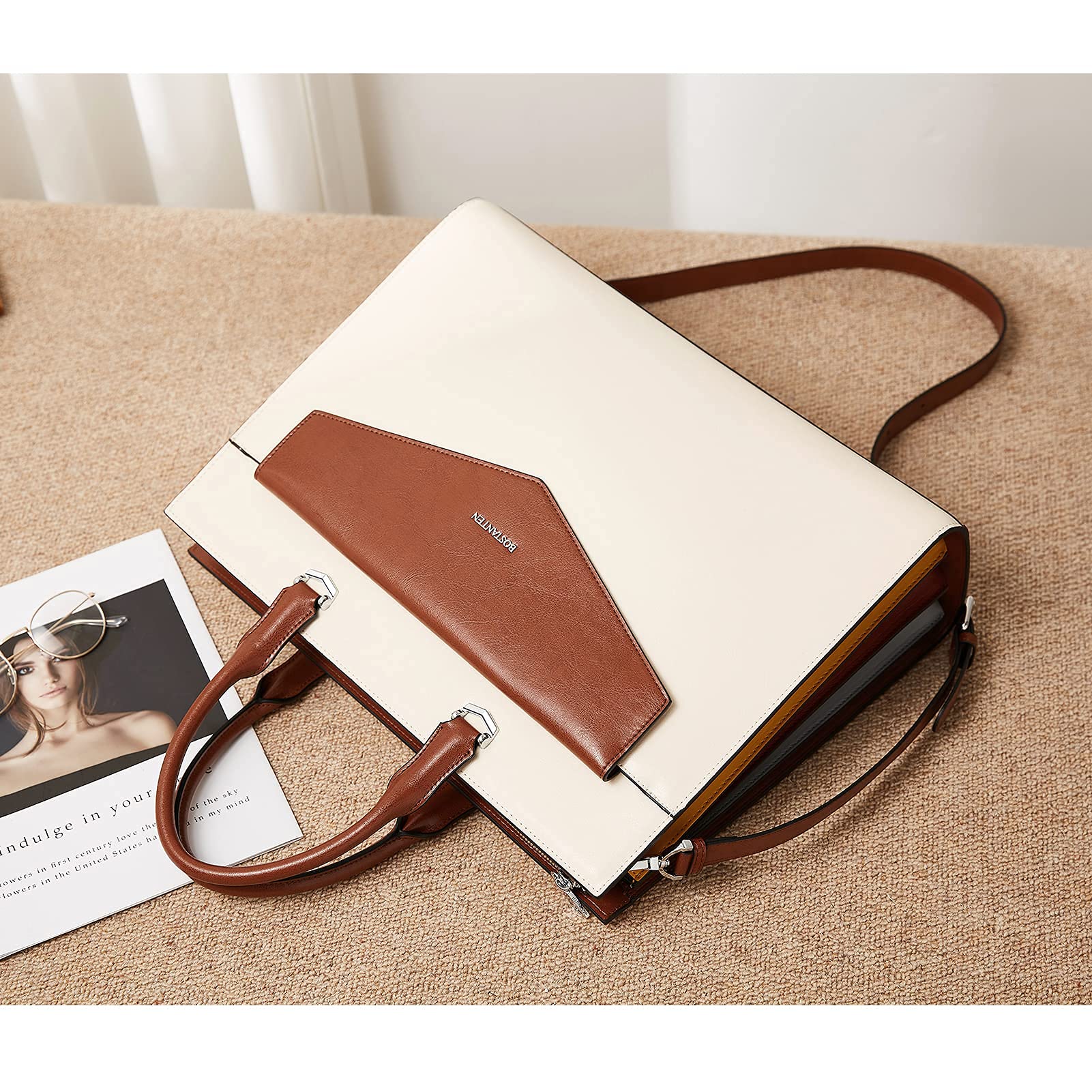 BOSTANTEN Women's Genuine Leather Laptop Tote Bag - 15.6 Inch Professional Work Briefcase Handbag in Beige - Perfect for Office, Business Travel & Daily Commute